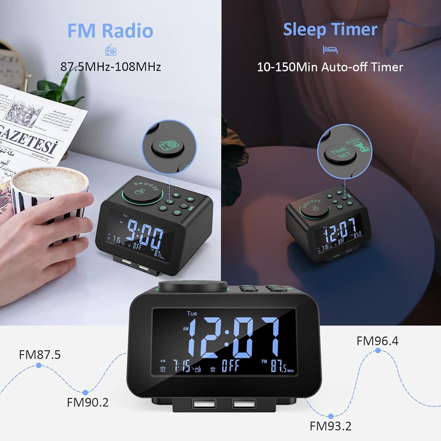 uscce Digital Dual Alarm Clock Radio with Dimmer and Thermometer