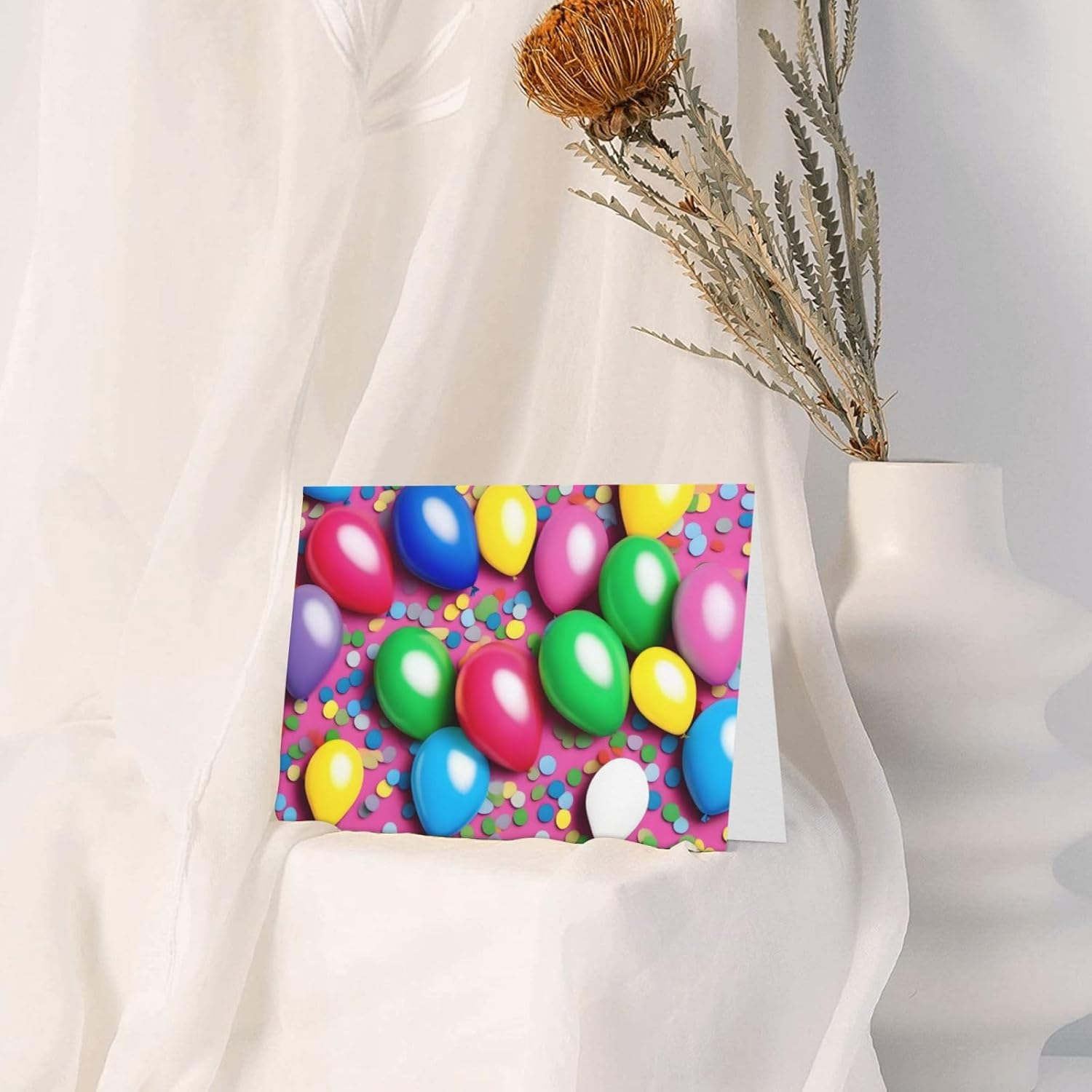 PHAYAH Balloons Confetti Holiday Cards 10 Pack with Gray Envelopes