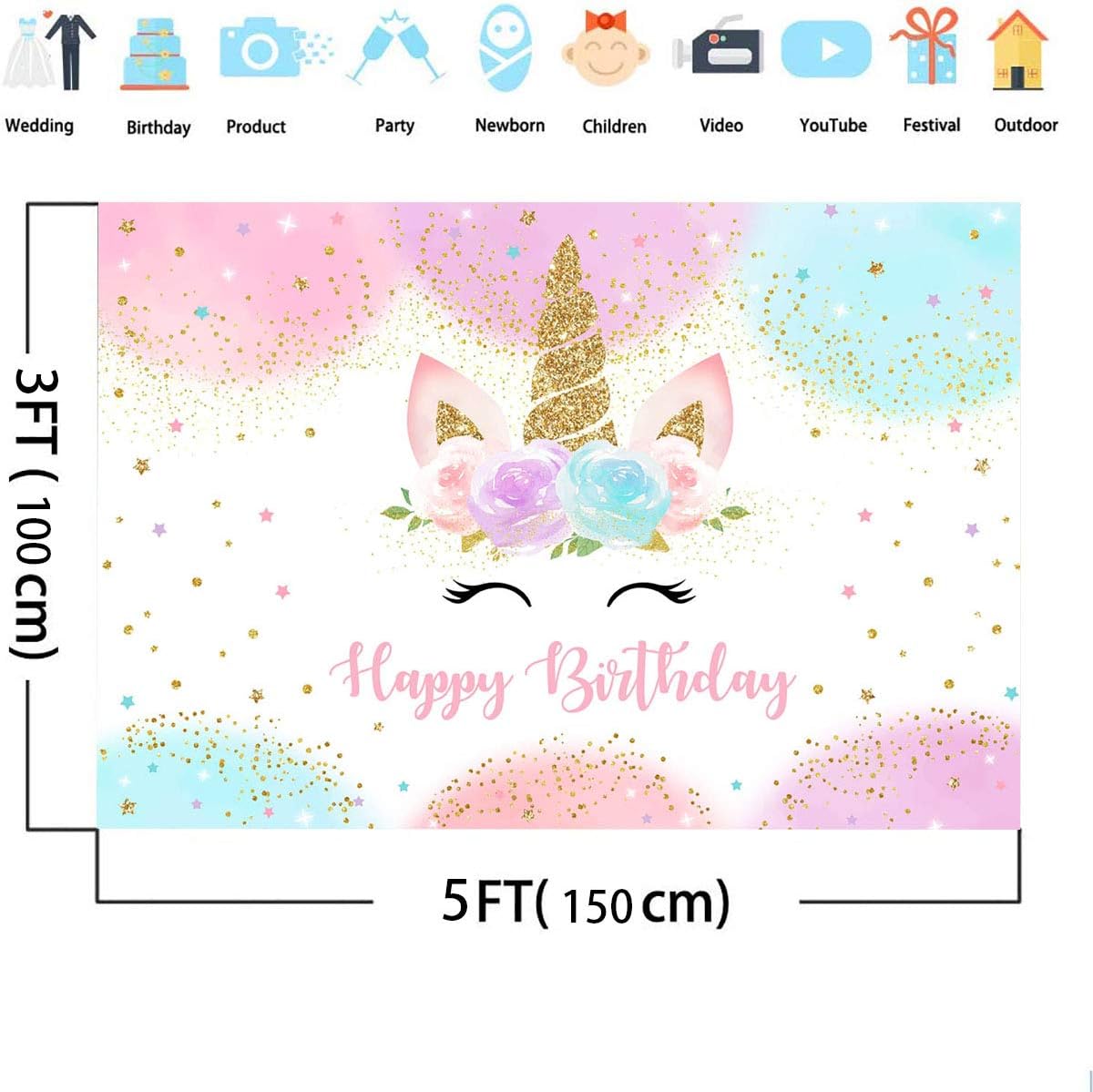 Mocsicka Unicorn Birthday Backdrop 5x3ft Pastel Rainbow Glitter