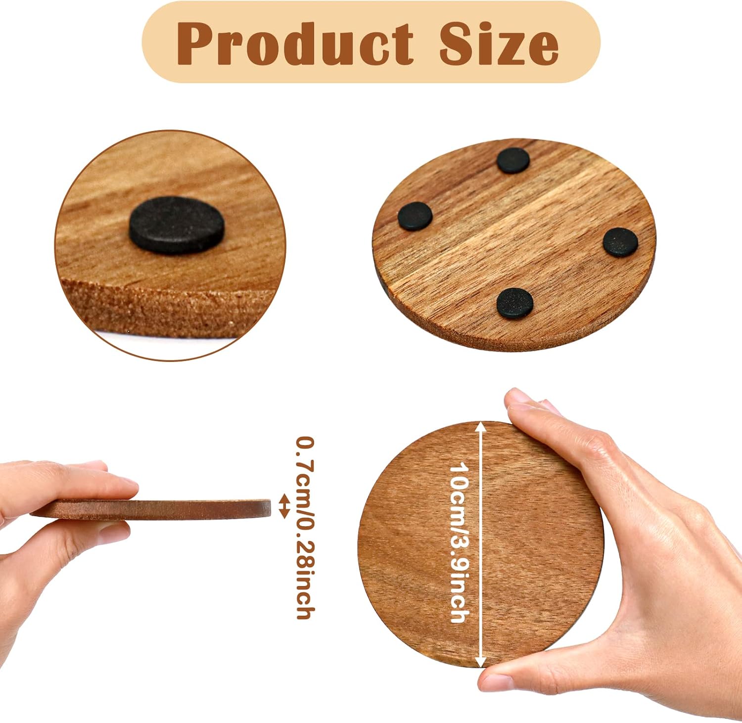 10 Piece Acacia Wood Coasters with Non-Slip Dots for DIY Crafts