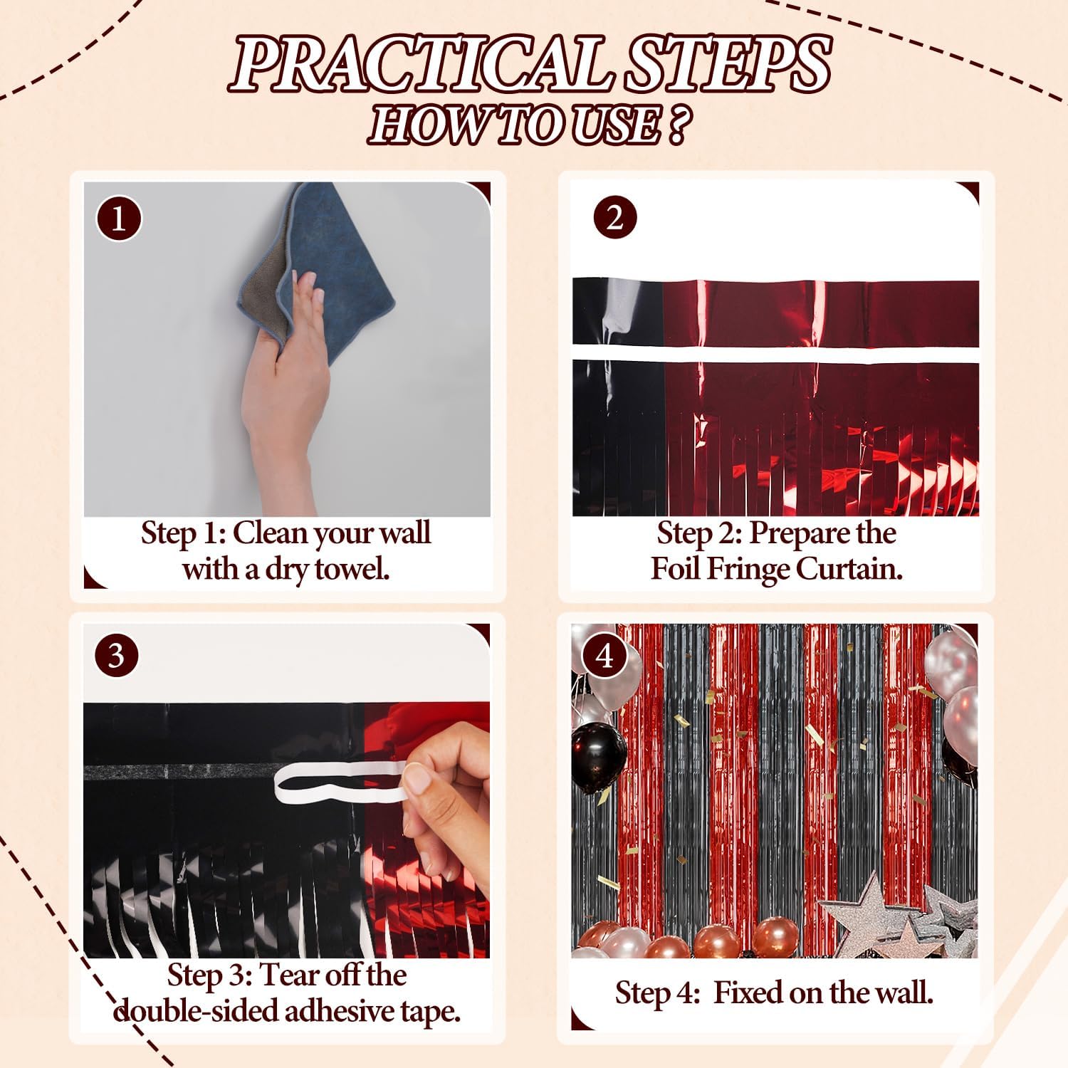2 Pack Foil Fringe Backdrop Red Black Shiny Tinsel Curtains