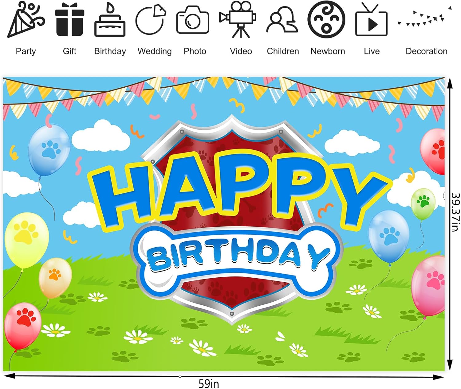 5x3ft Cartoon Dog Paw Birthday Backdrop Photo Studio Banner