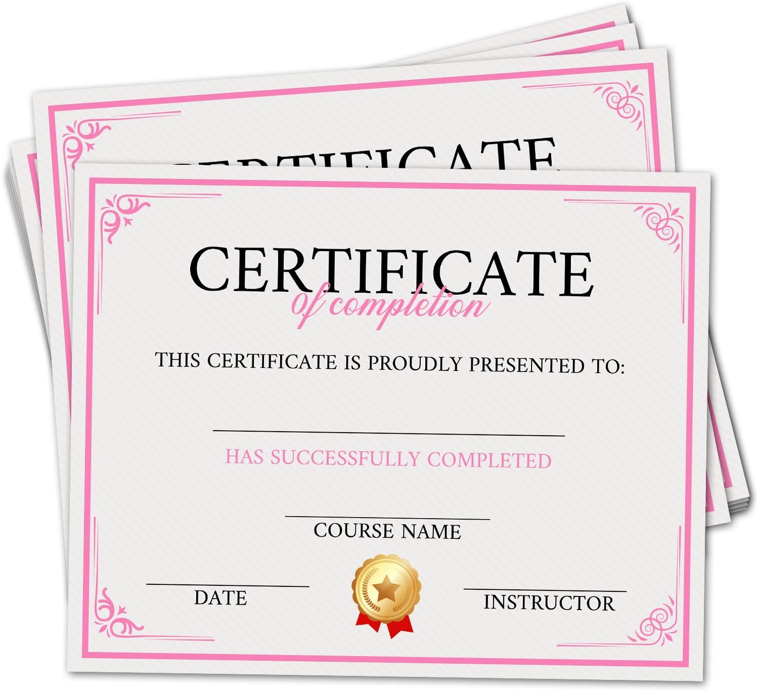 25 Pink Completion Certificates for Awards and Recognition