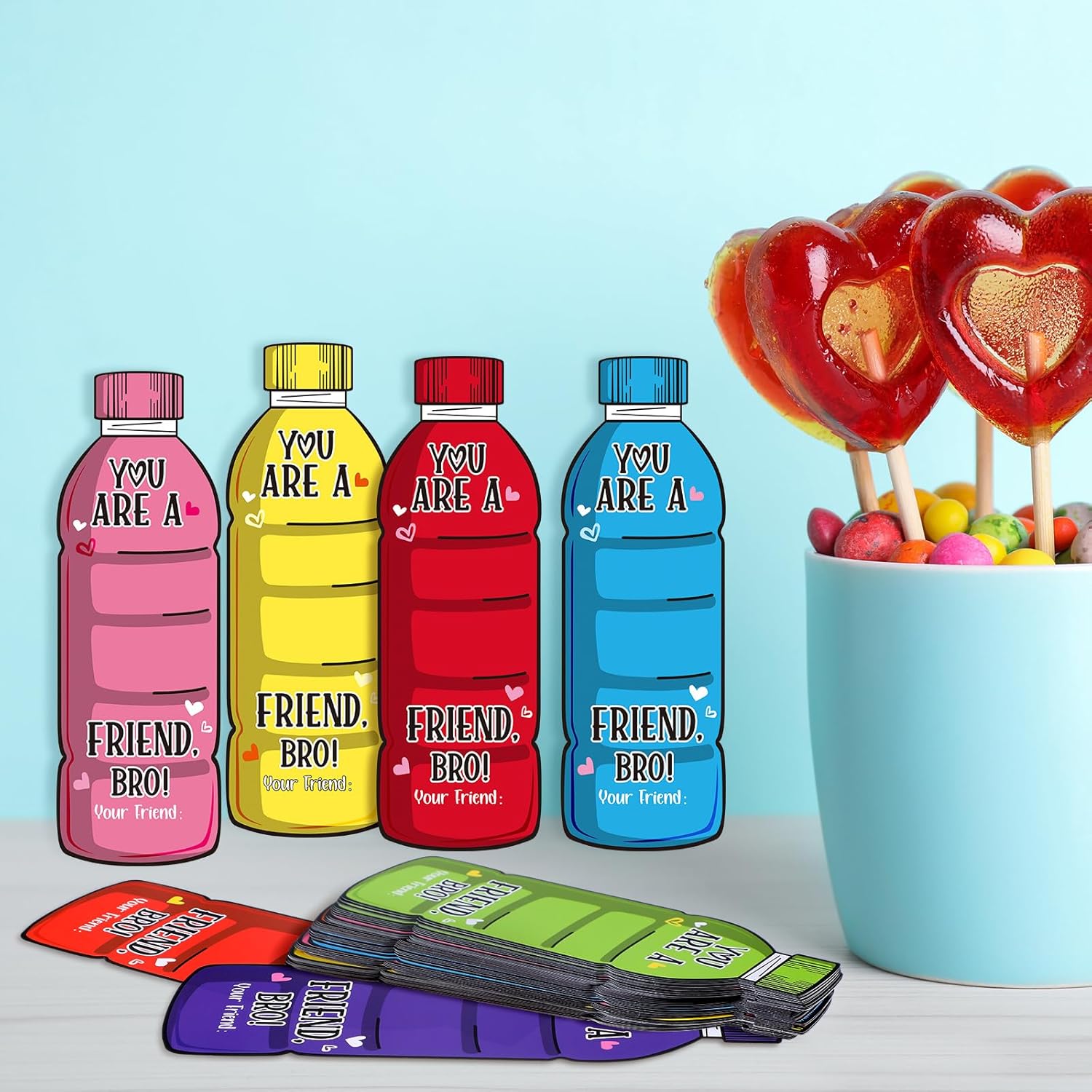 60 Pack Valentine Cards with Drink Bottle Design