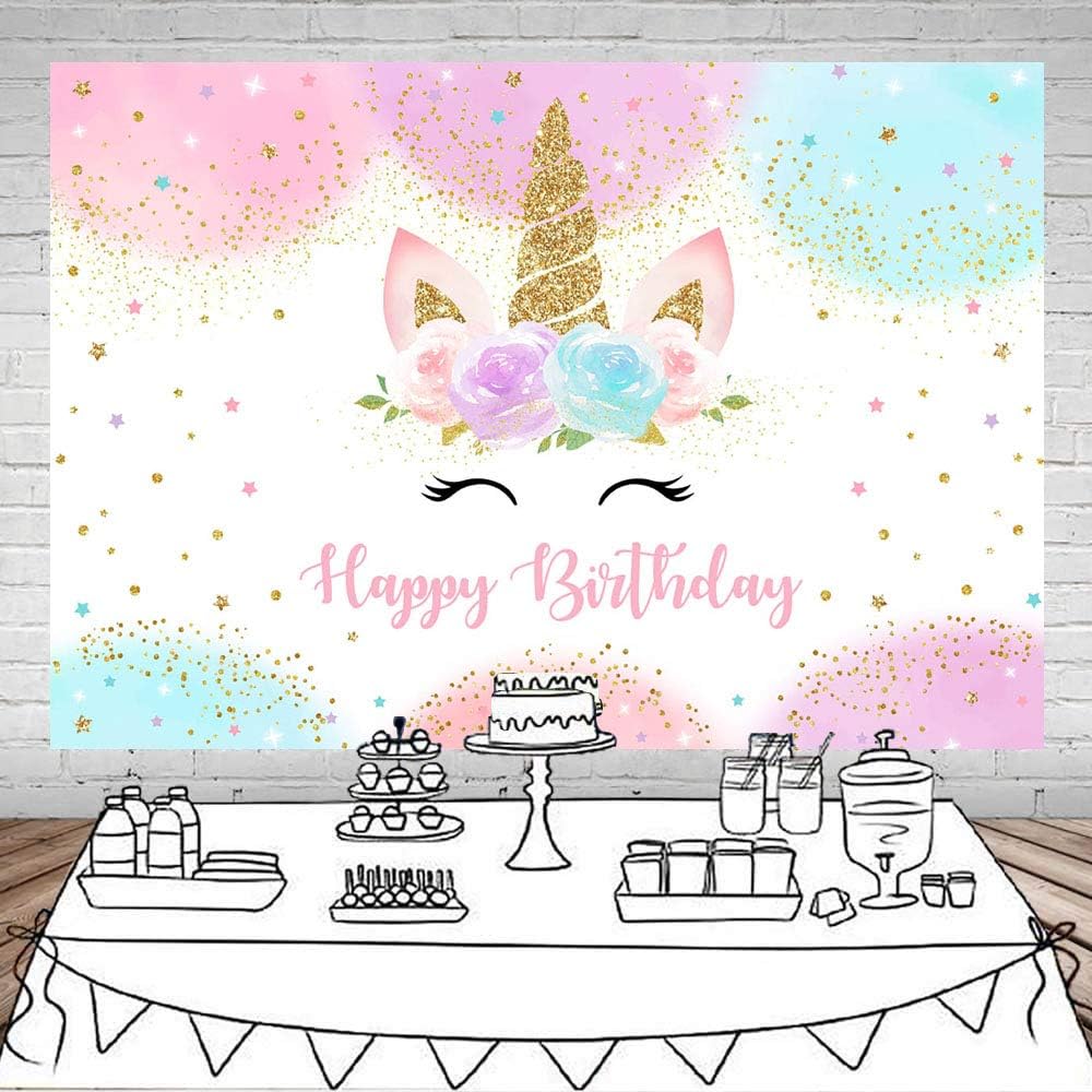 Mocsicka Unicorn Birthday Backdrop 5x3ft Pastel Rainbow Glitter