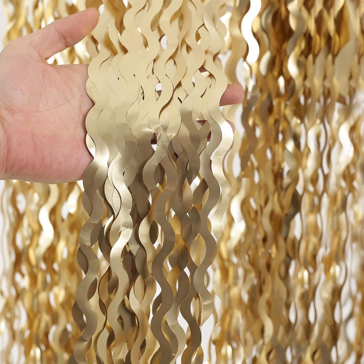 4 Pack Wavy Champagne Gold Metallic Tinsel Curtain Backdrop for Parties