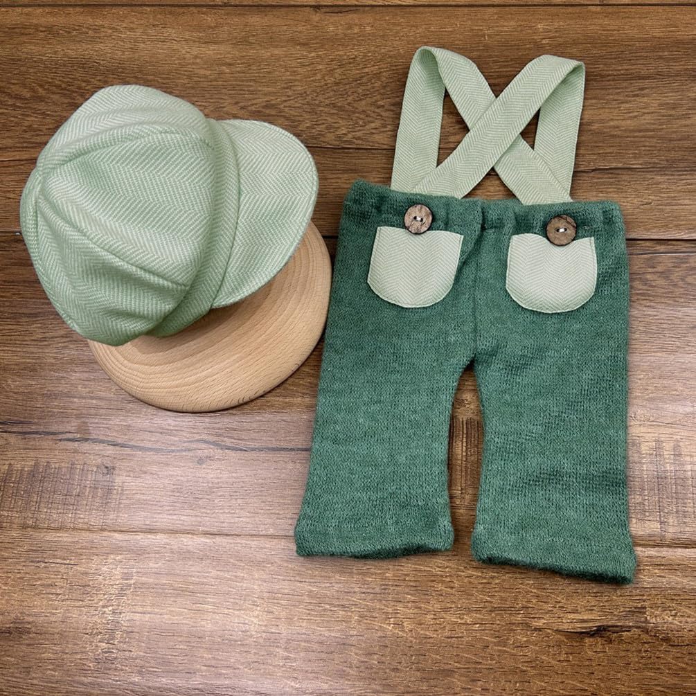 Vomdrok Newborn Gentleman Suit Photography Props Outfit Boy Suspender Pants Hat Set