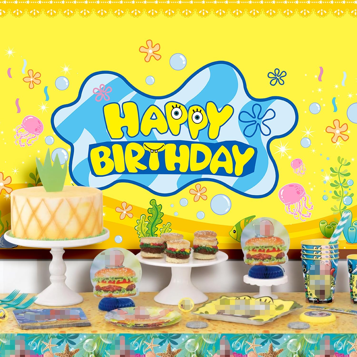 DUNSEO Cartoon Sponge Birthday Banner 5x3ft Backdrop