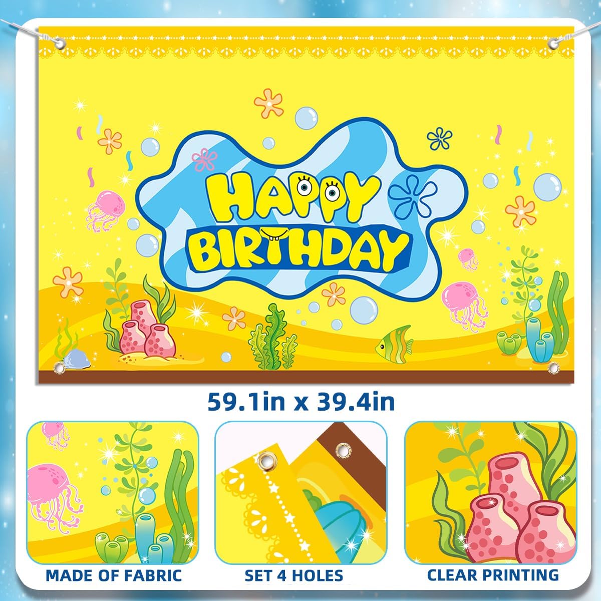DUNSEO Cartoon Sponge Birthday Banner 5x3ft Backdrop