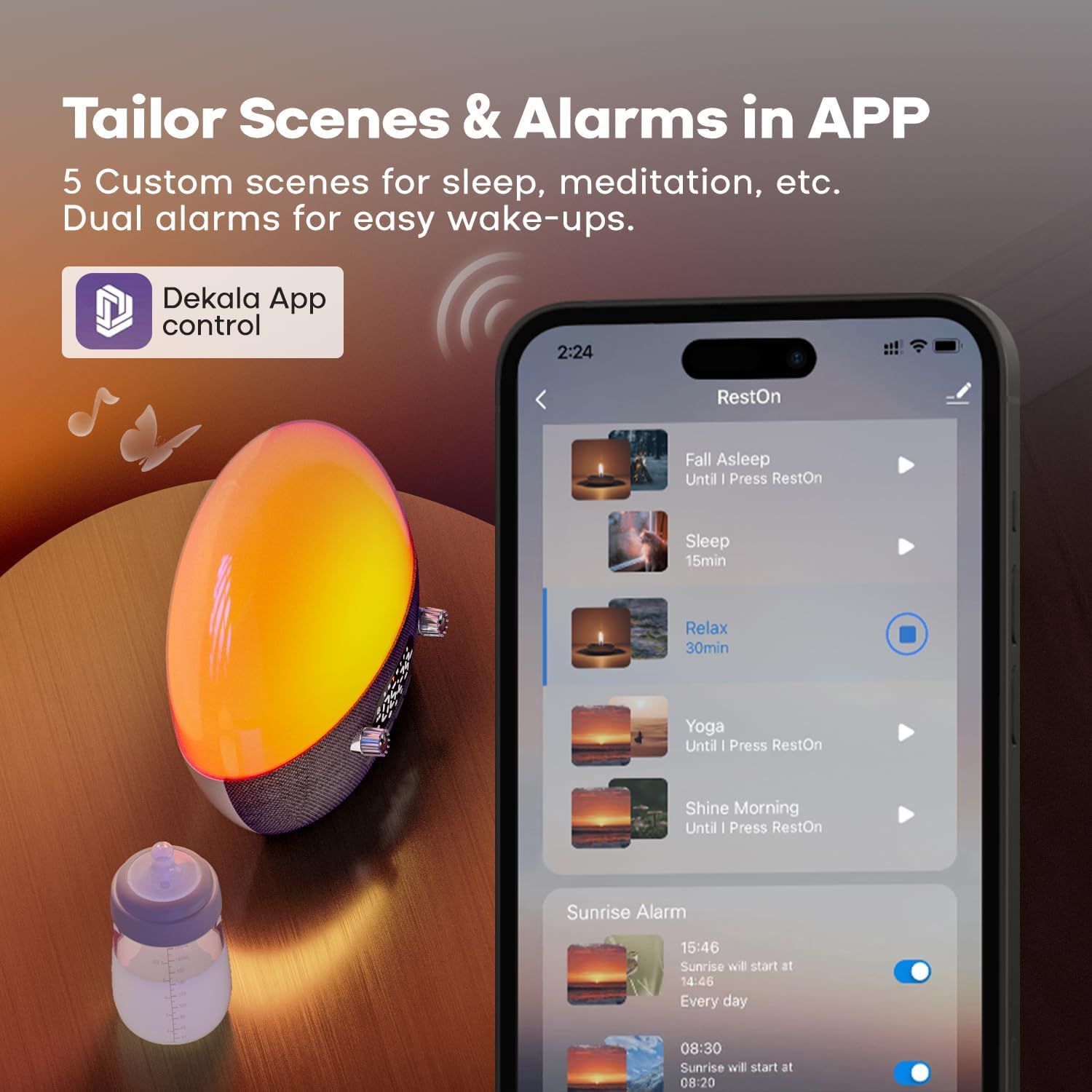 Dekala RestOnn Sunrise Alarm Clock with Sunset Sound and Amber Night Light