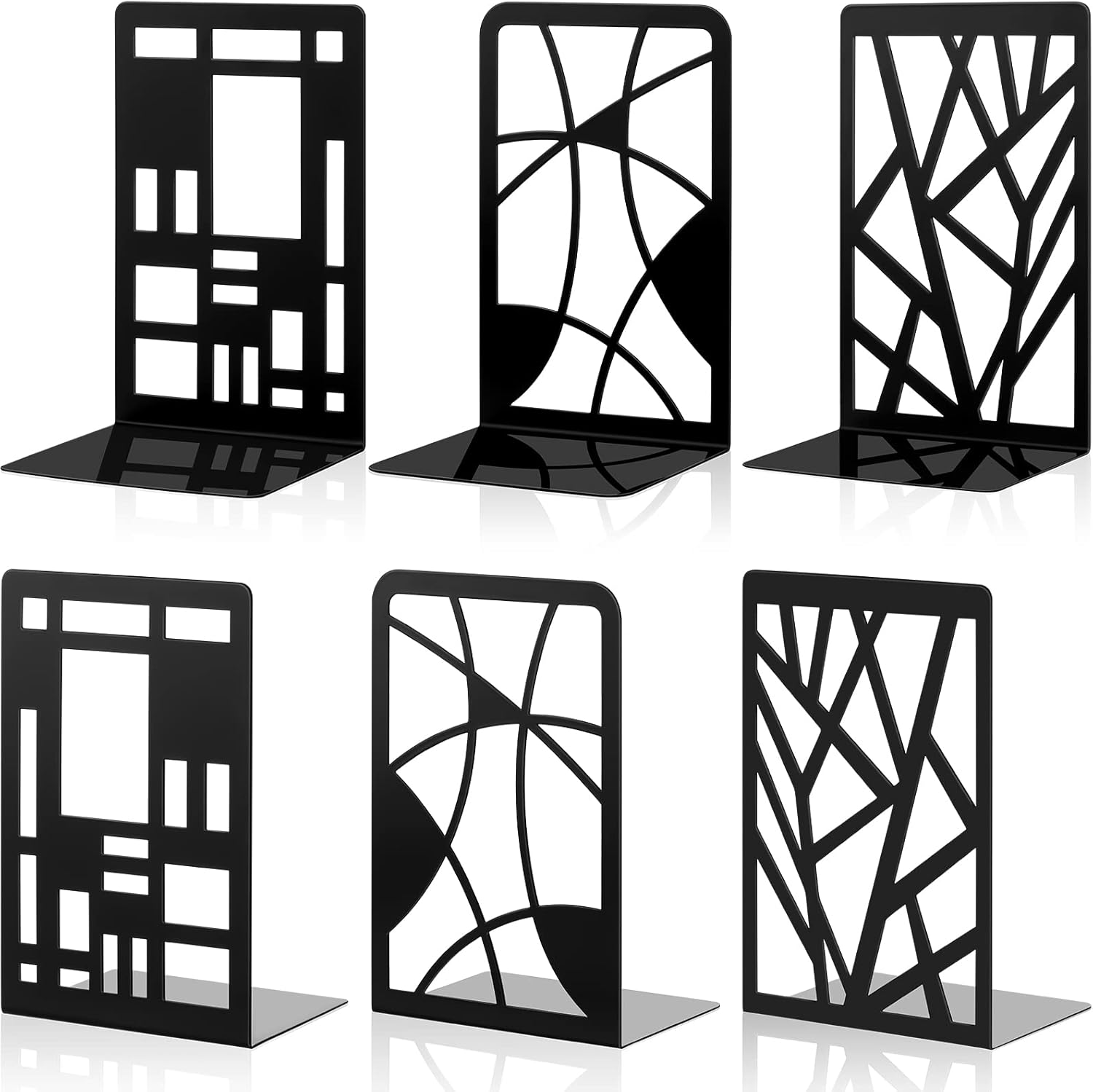 Zonon 3 Pairs Black Metal Bookends for Shelves