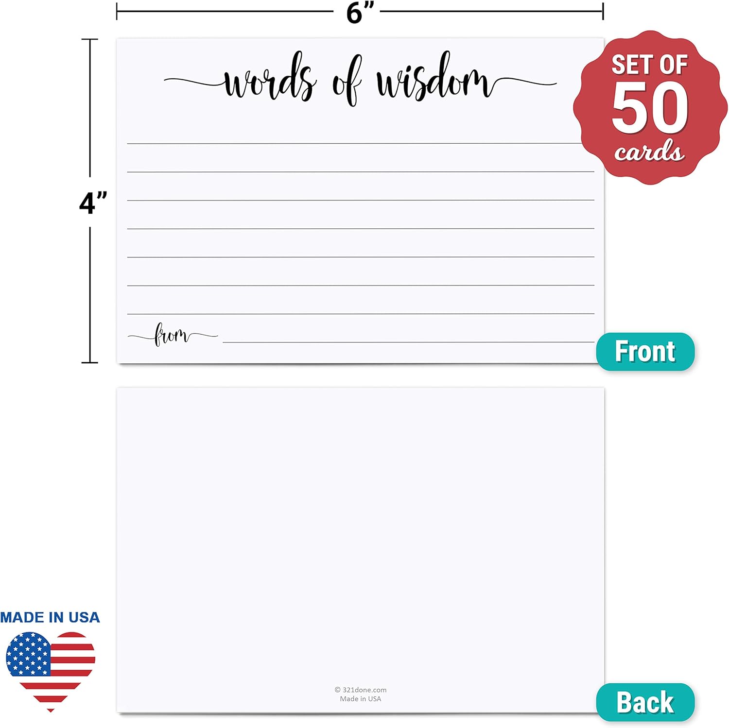 321done Words of Wisdom Card Set 50 Cards 4x6in White USA Made