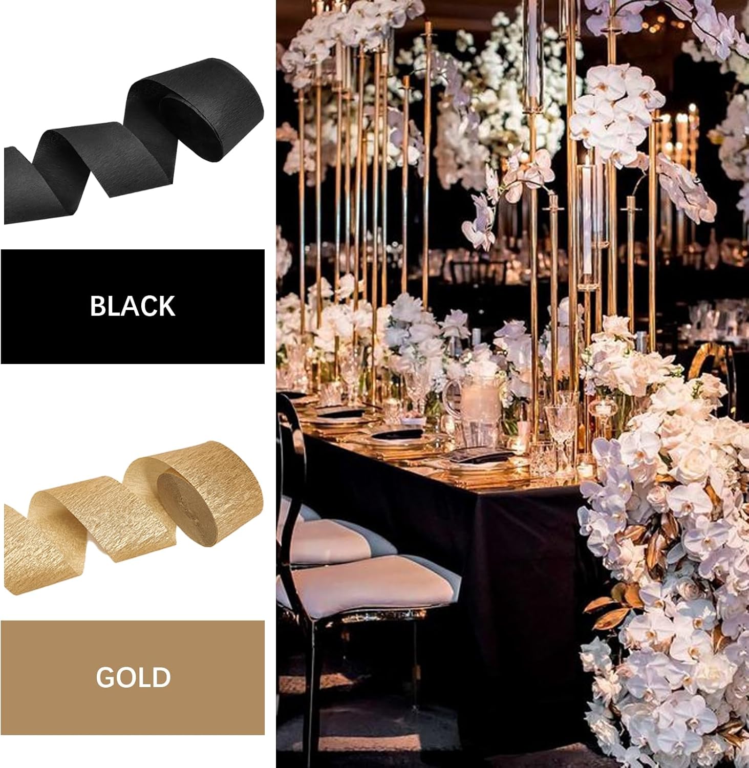 PartyWoo Crepe Paper Streamers 6 Rolls Black Gold