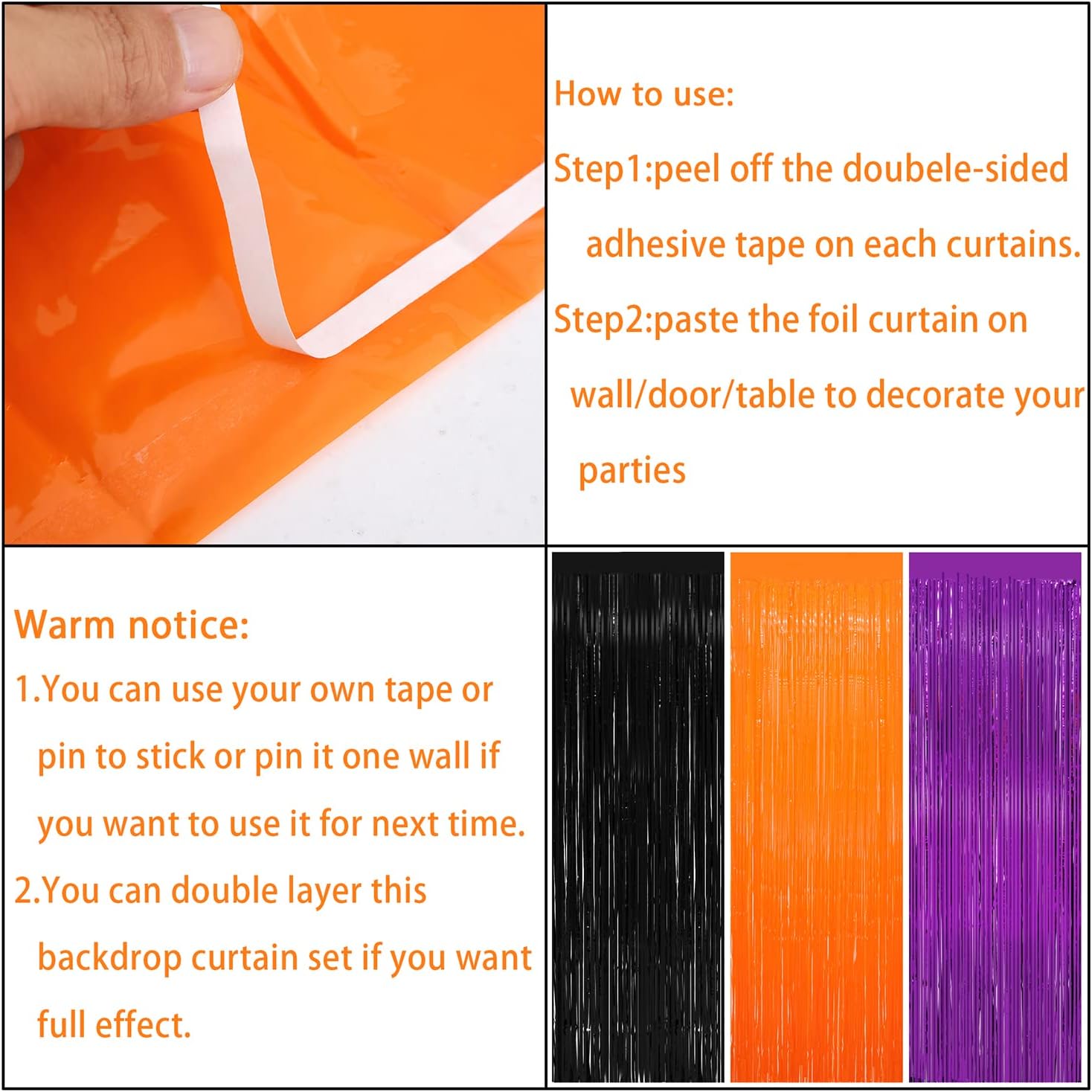 3 Pack Halloween Black Orange Tinsel Curtain Backdrop