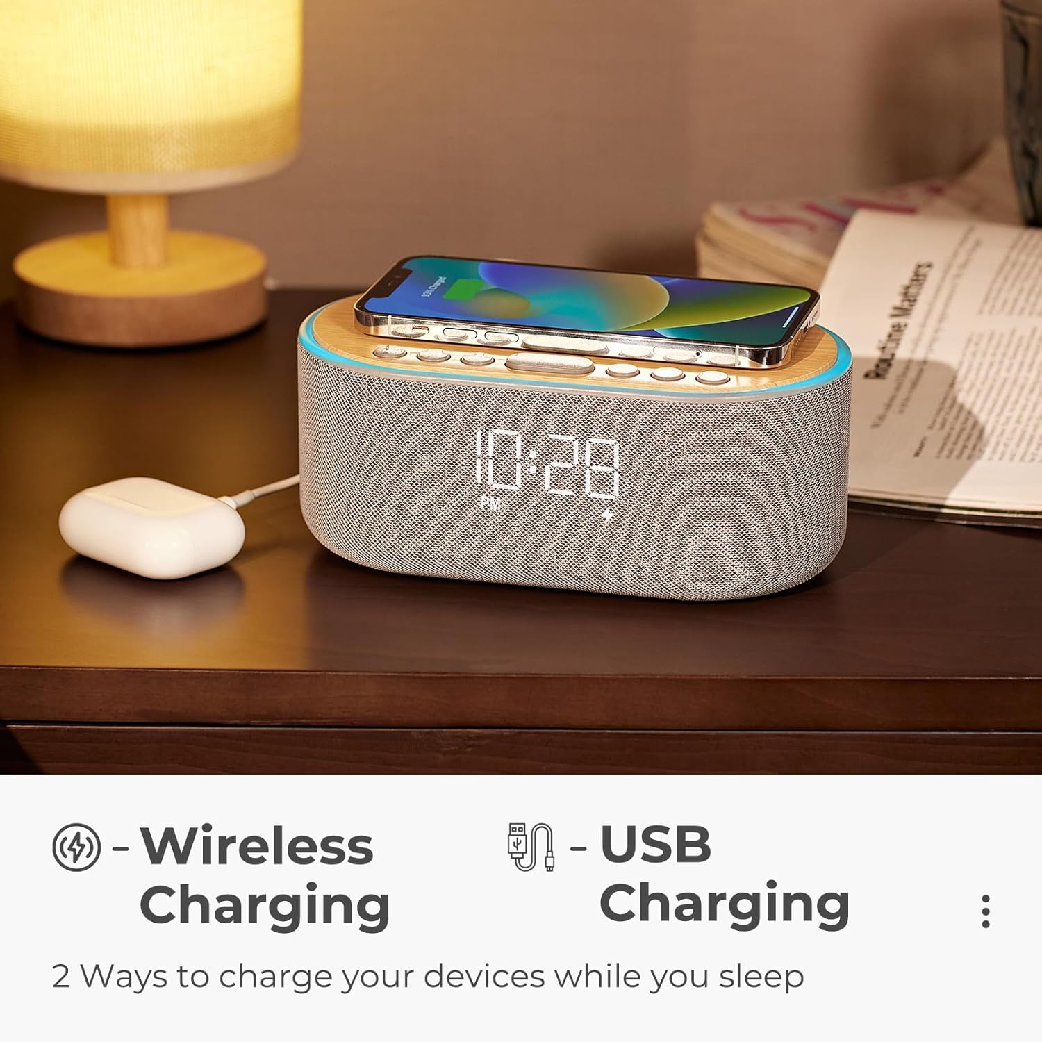 Bluetooth FM Radio Alarm Clock with 10W Speaker and Wireless Charging