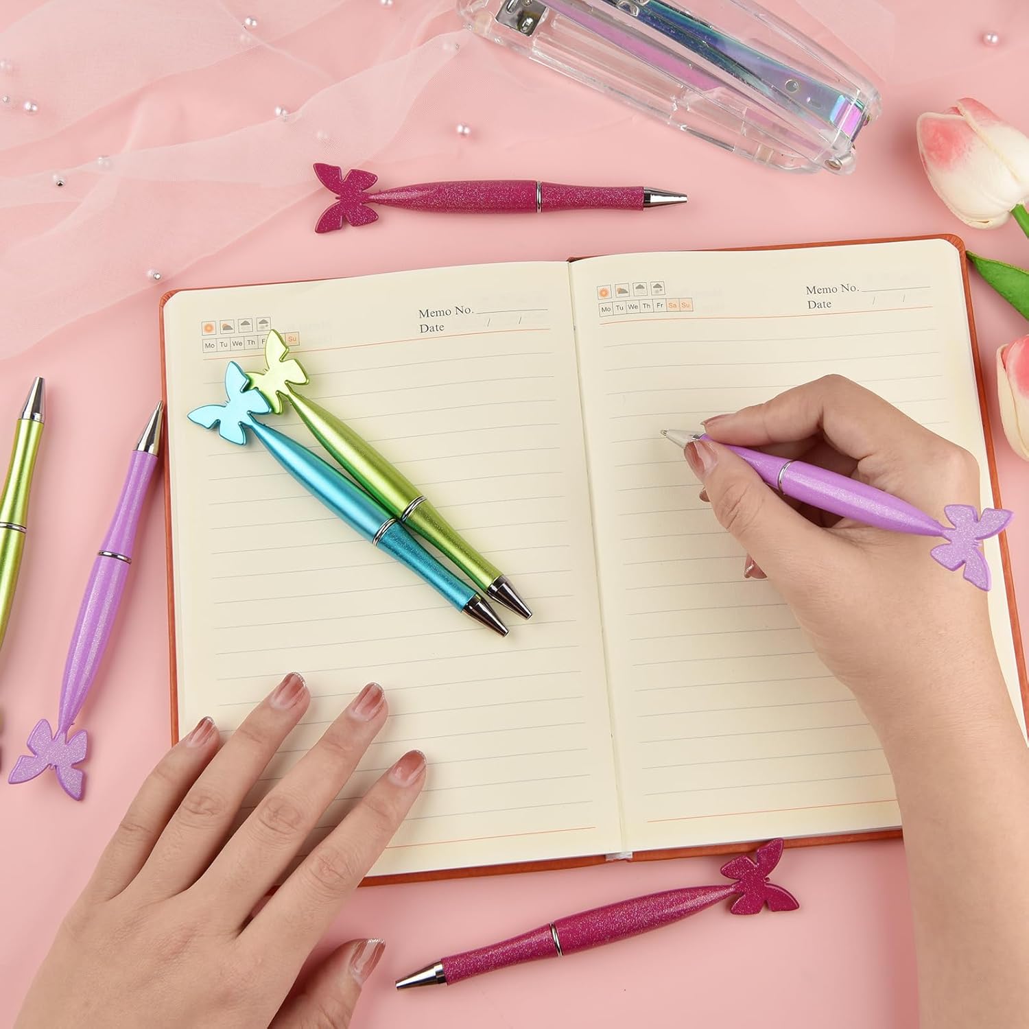 24 Pack Black Butterfly Pens with Glitter for Women and Office Use