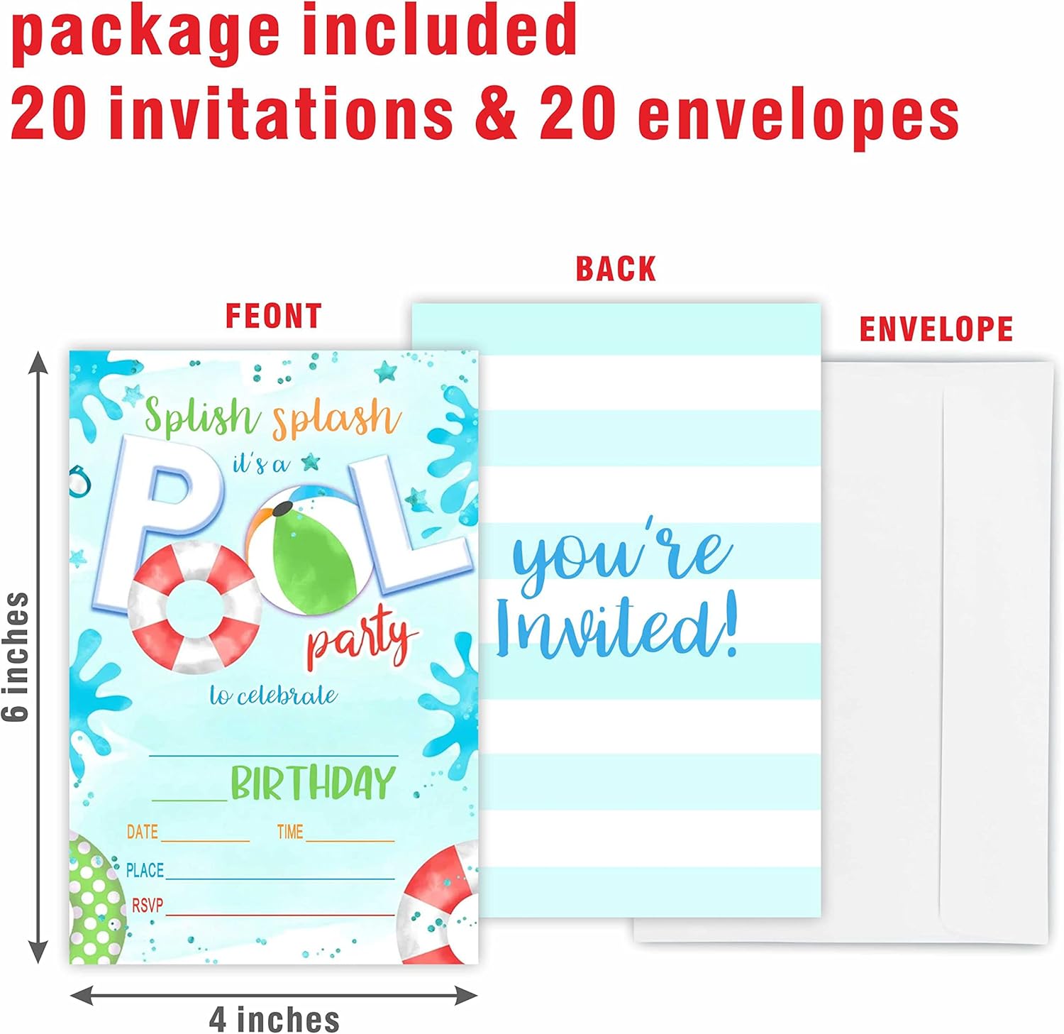 Pool Party Birthday Invite Cards 20 Count With Envelopes