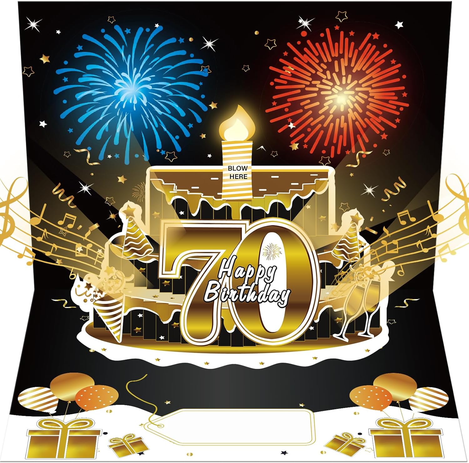 70th Birthday 3D Pop Up Cake Card with Fireworks and Music