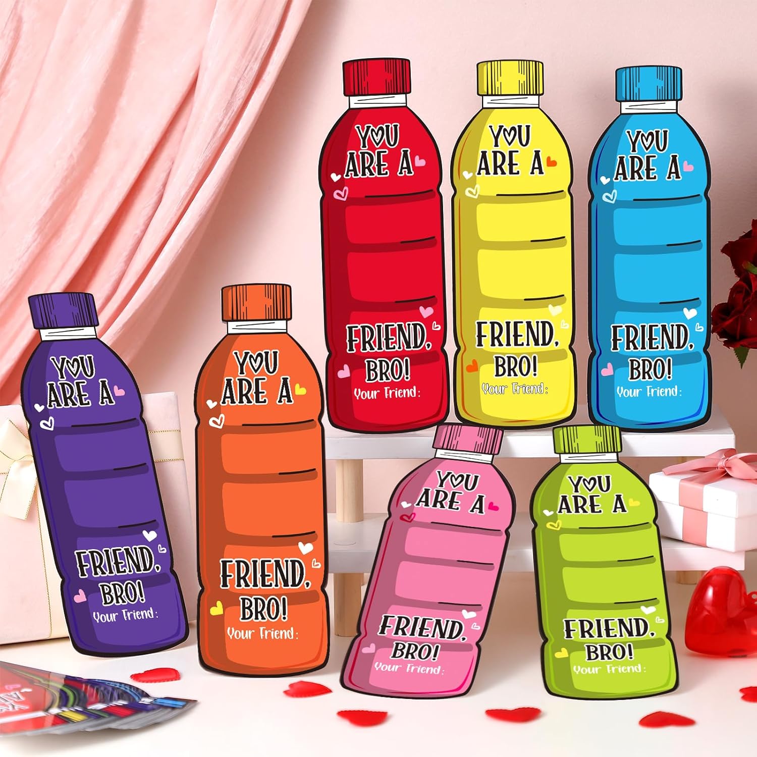 60 Pack Valentine Cards with Drink Bottle Design