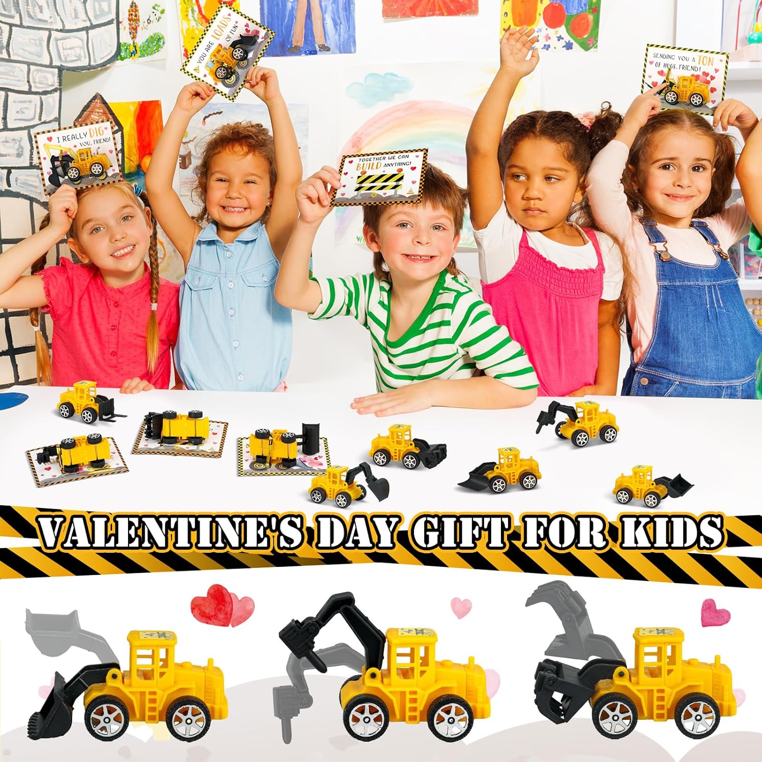 30 Construction Vehicle Valentine Cards Set for Classroom Party Favors
