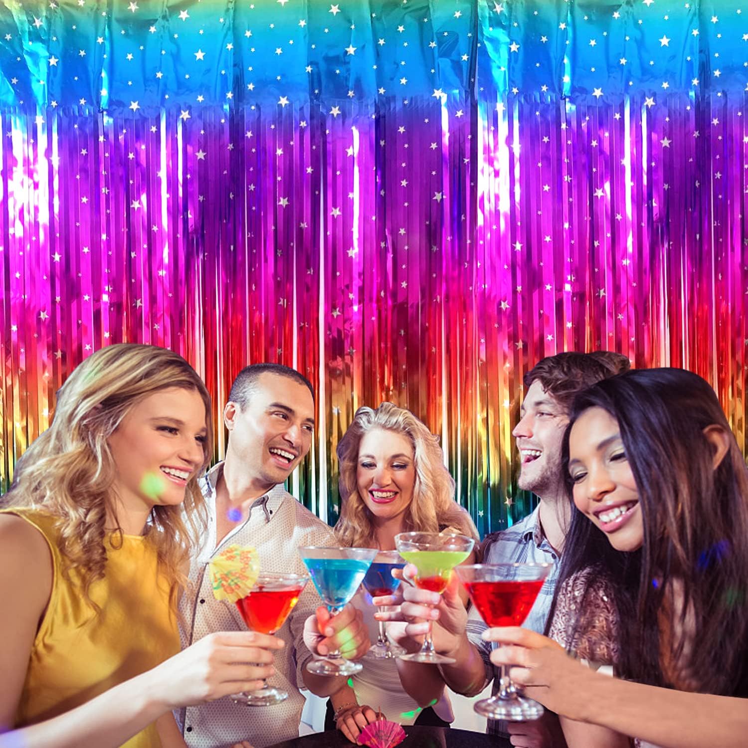 Sparkly Rainbow Gradient Tinsel Foil Fringe Curtain 2 Packs