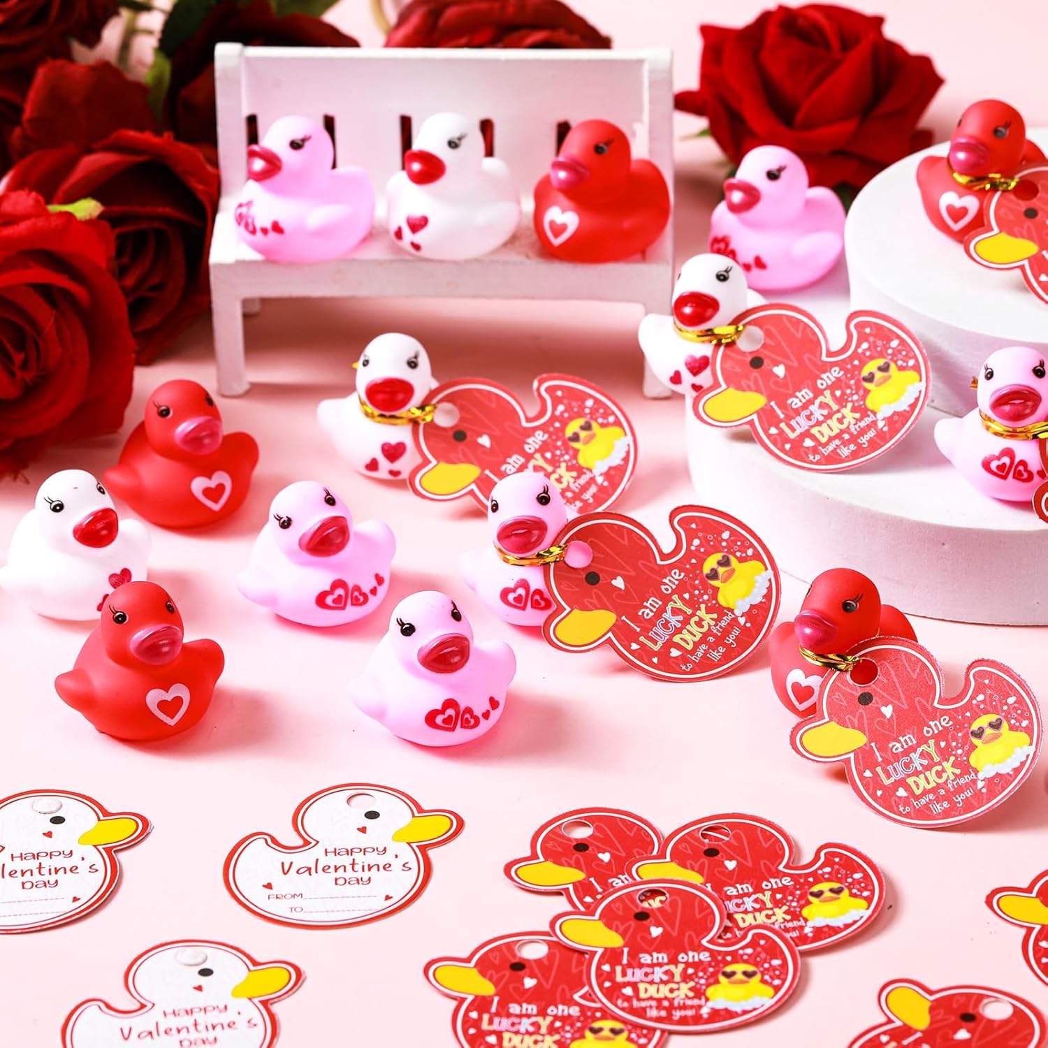 30 Valentines Day Rubber Ducks with Gift Cards and Gold Foil Strings