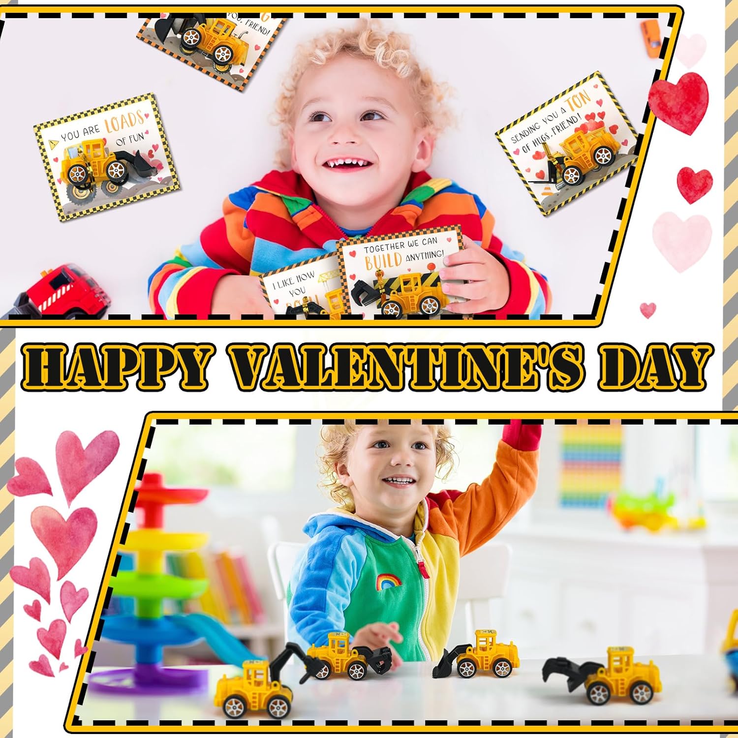 30 Construction Vehicle Valentine Cards Set for Classroom Party Favors