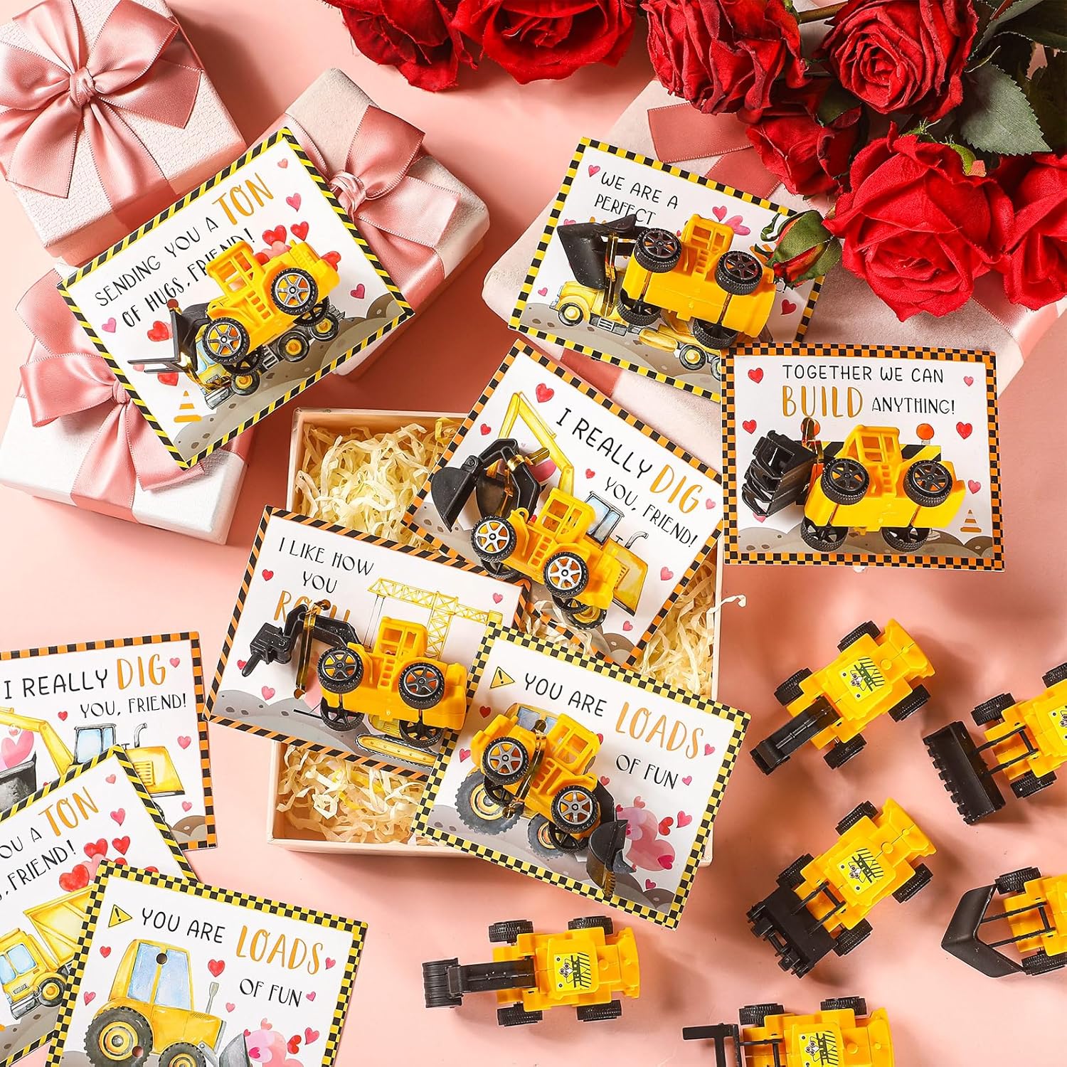 30 Construction Vehicle Valentine Cards Set for Classroom Party Favors