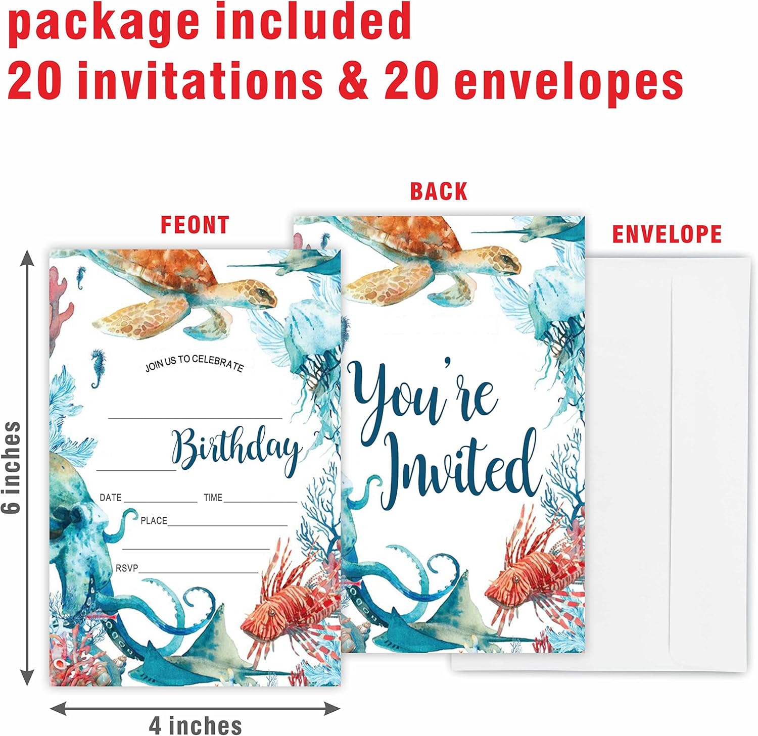 Ocean Theme Birthday Invites With Envelopes 20 Count