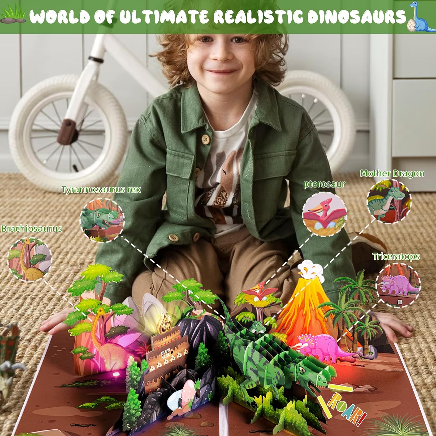 Dinosaur Musical Birthday Card with LED Lights and 3D Pop Up