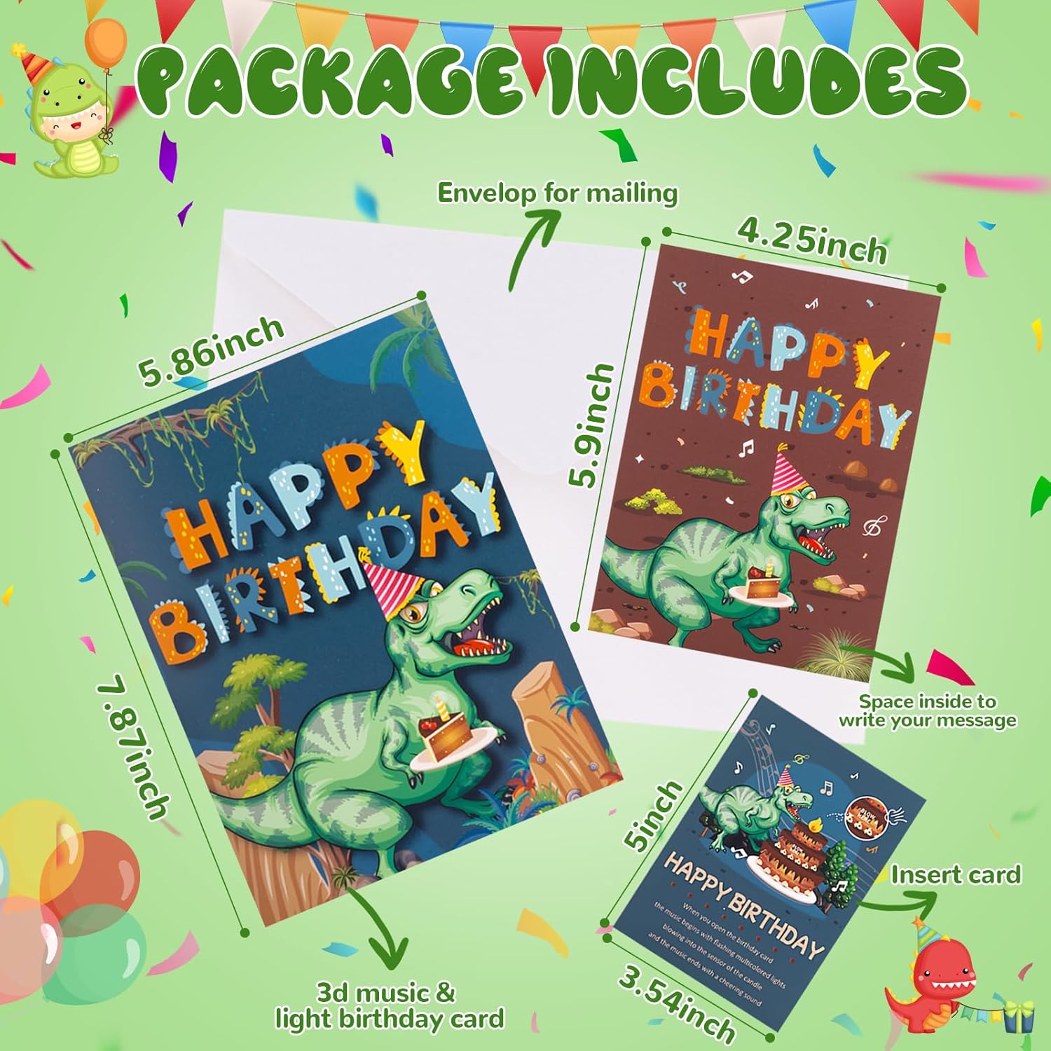 Dinosaur Musical Birthday Card with LED Lights and 3D Pop Up