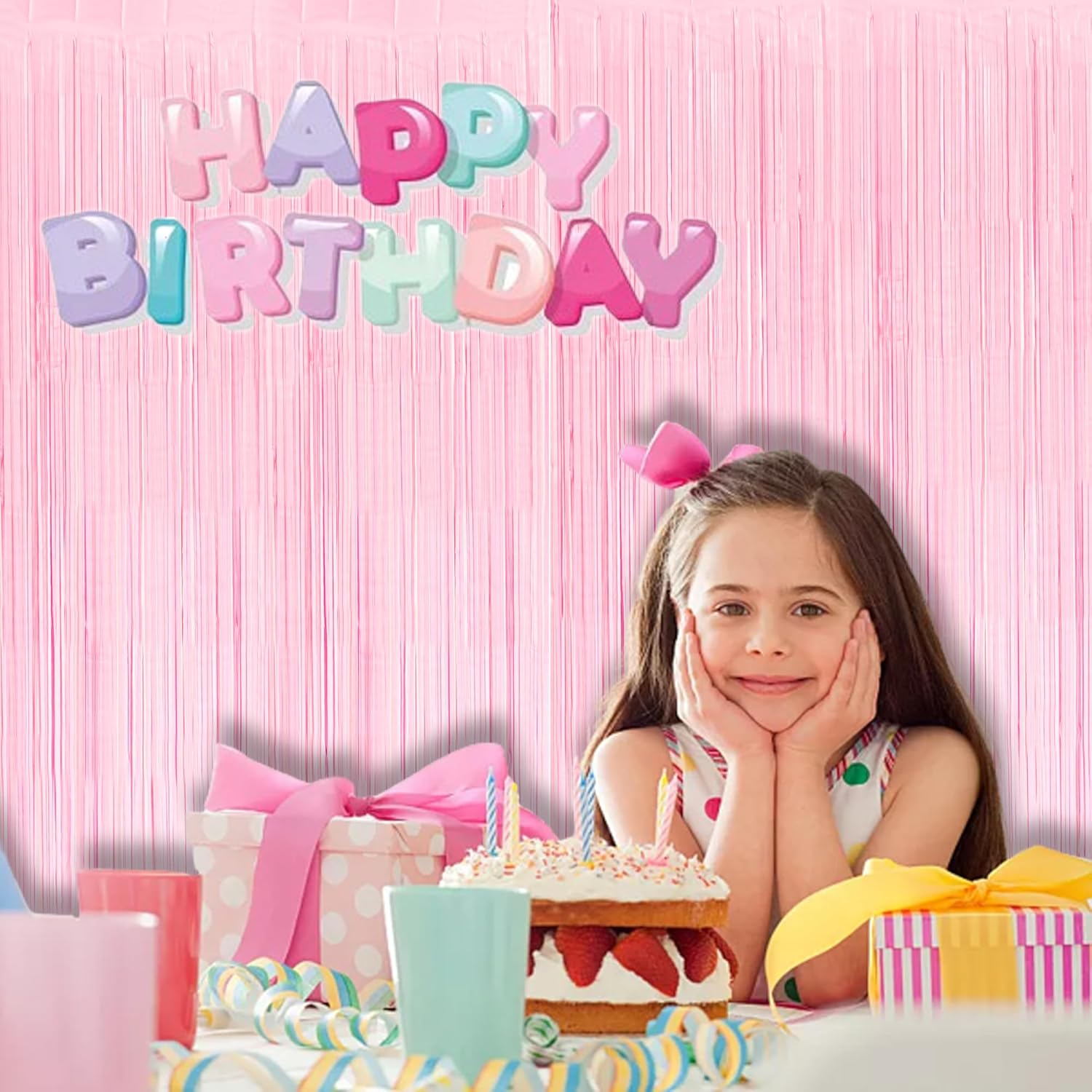 BRAVESHINE Pastel Pink Foil Fringe Curtains - 2 Pack Photo Backdrop