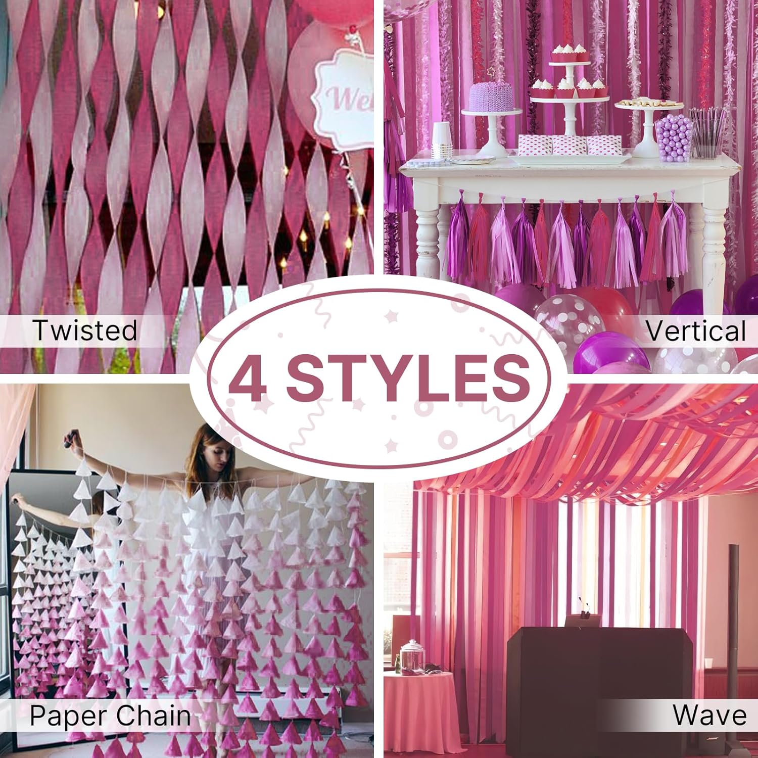 PartyWoo Pink Crepe Paper Streamers 6 Rolls 492 Feet