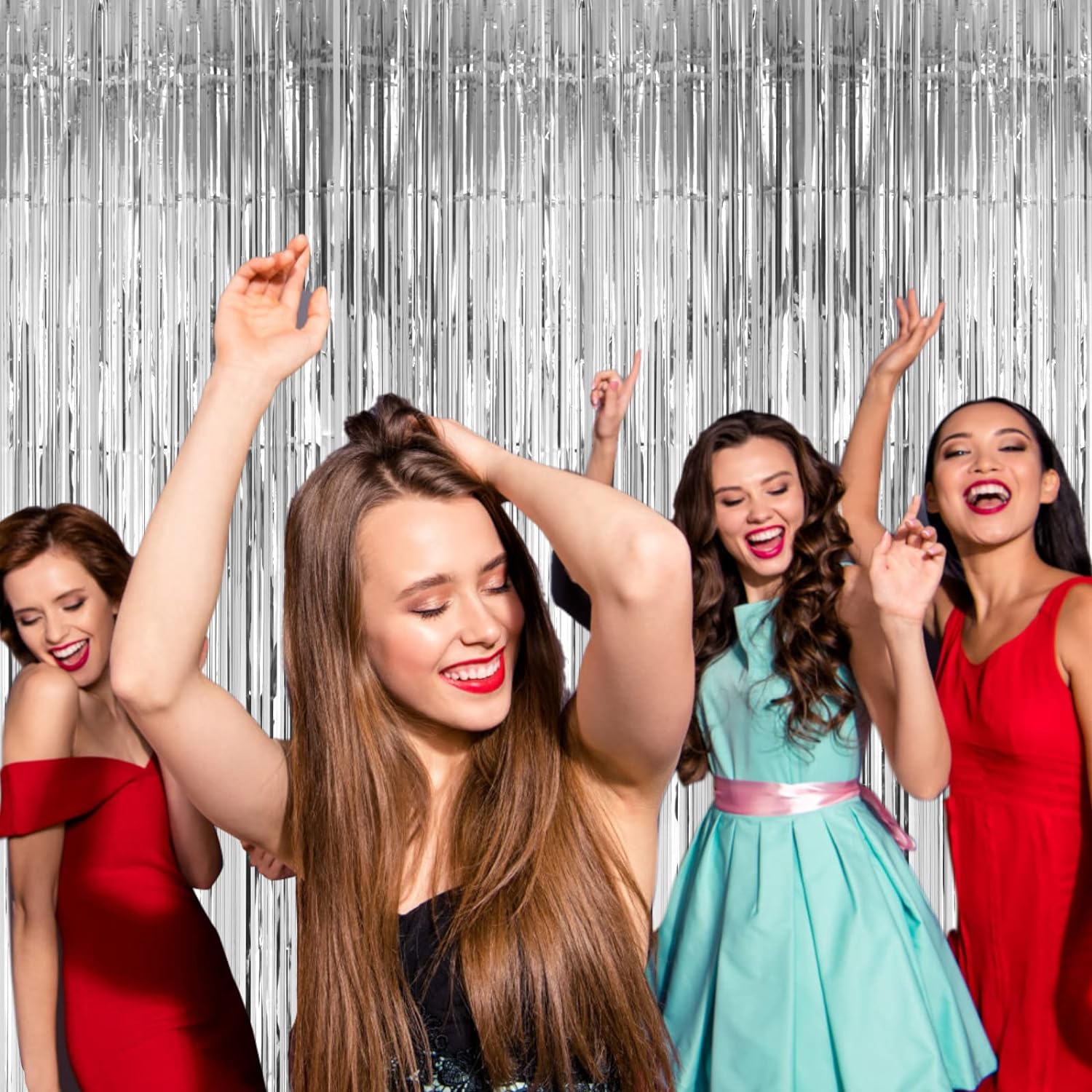 3 Pack 33x82 Feet Silver Foil Fringe Backdrop Curtains