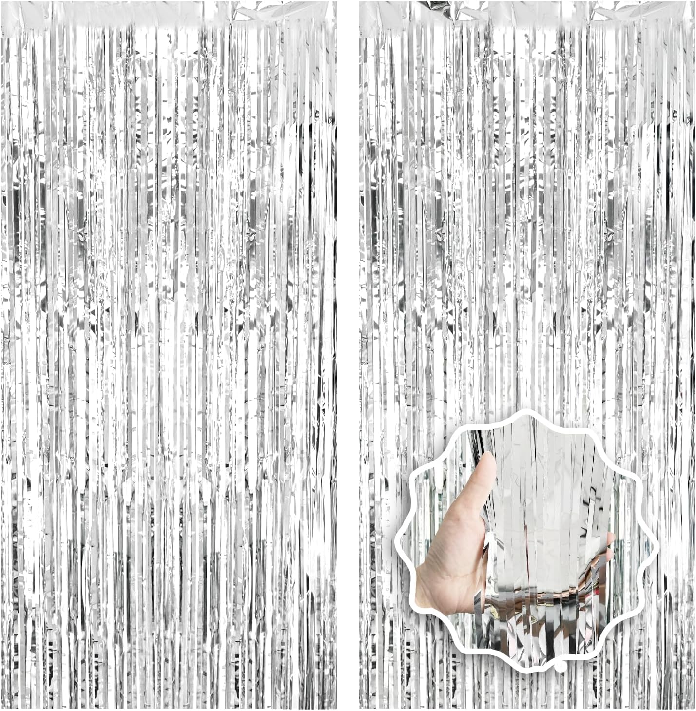 2 Pack Foil Curtain Backdrop with Silver Tinsel