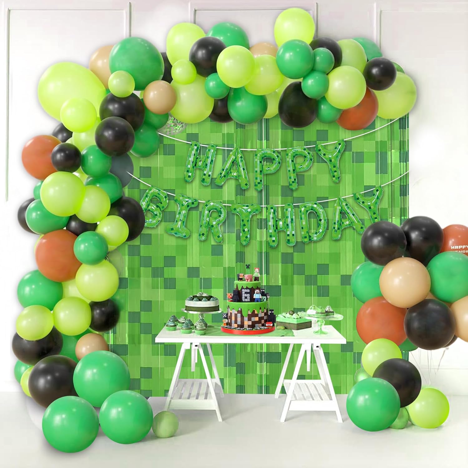2 Pcs Pixel Green Miner Theme Tinsel Curtains