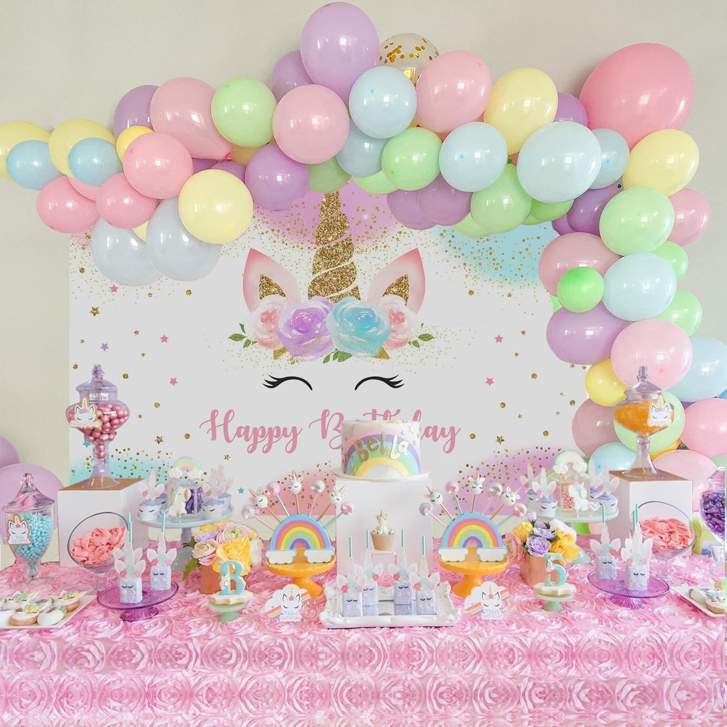 Mocsicka Unicorn Birthday Backdrop 5x3ft Pastel Rainbow Glitter