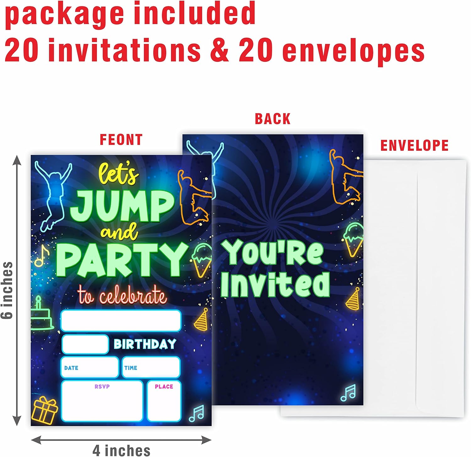 Glow Trampoline Birthday Invitations 20 Count With Envelopes