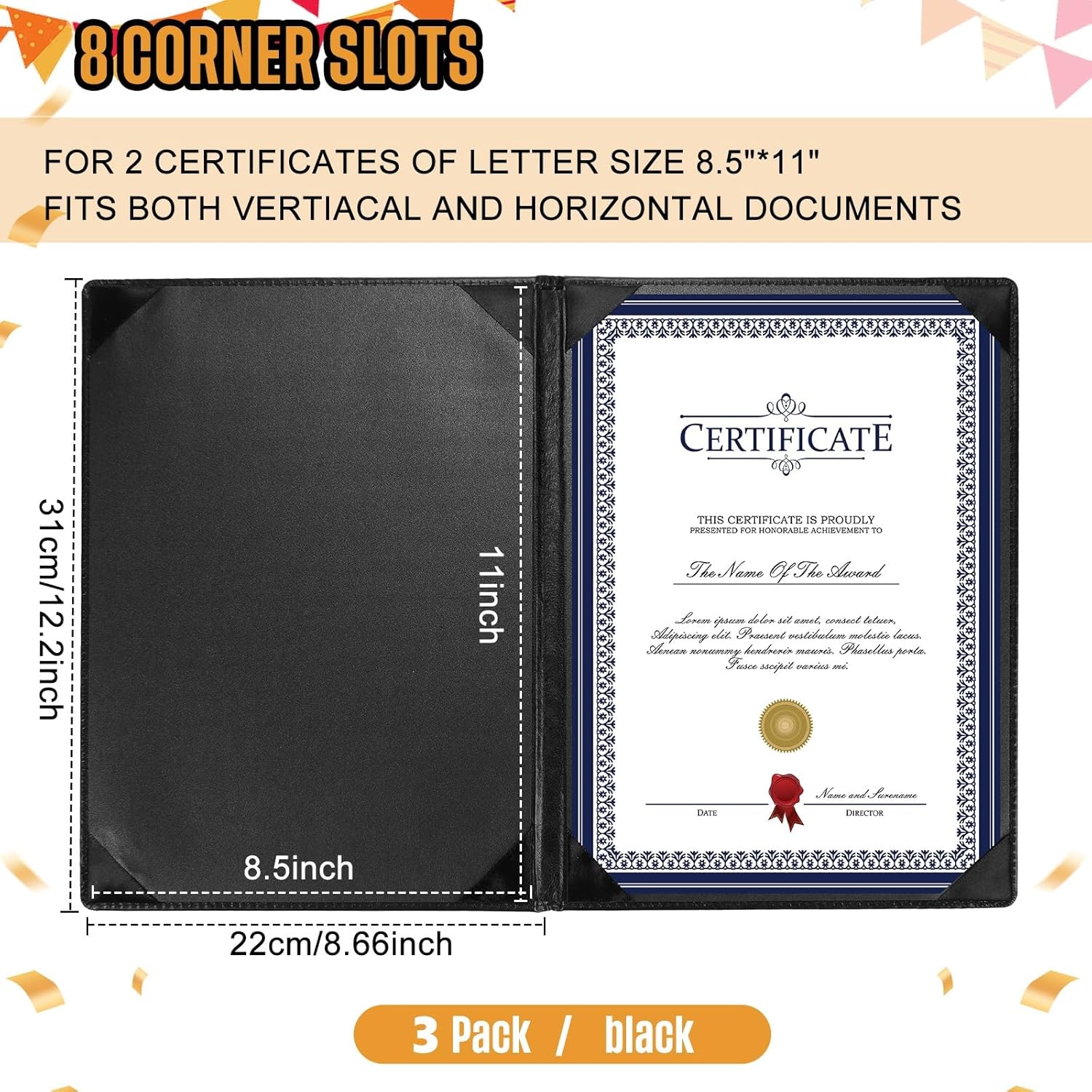 Tenare PU Leather Certificate Holders 3 Pcs Black