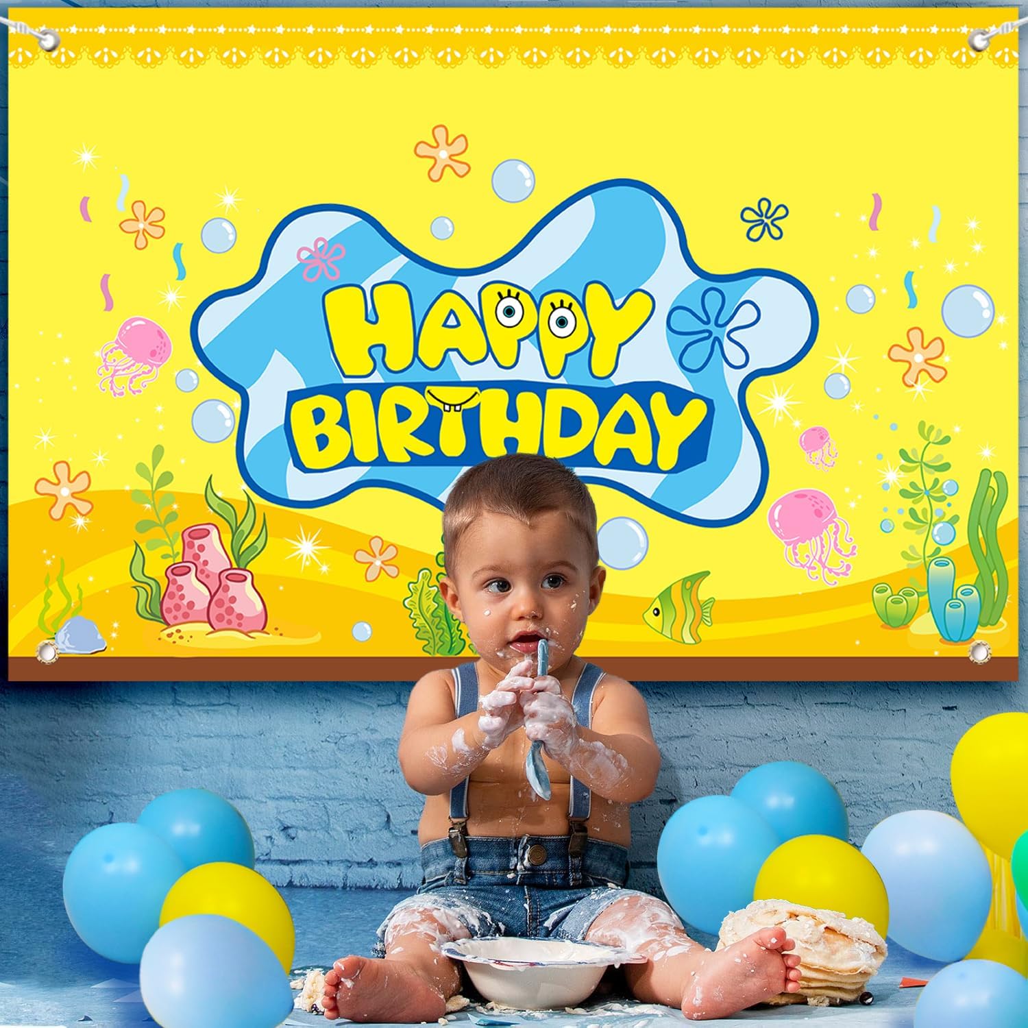 DUNSEO Cartoon Sponge Birthday Banner 5x3ft Backdrop