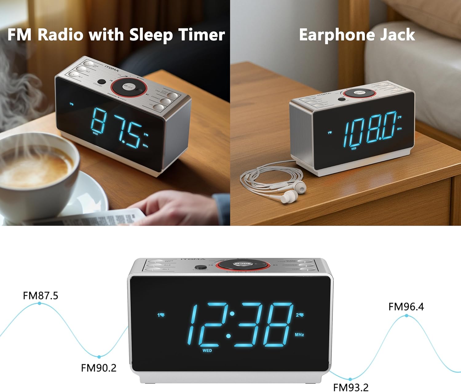 iTOMA Alarm Clock Radio with Bluetooth Speaker and Night Light CKS708