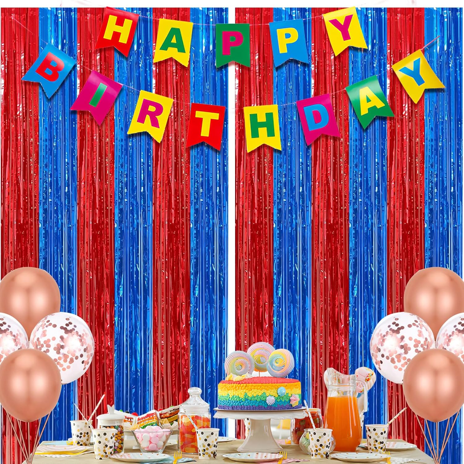 2 Pack Red Blue Foil Fringe Curtains Photo Booth Props