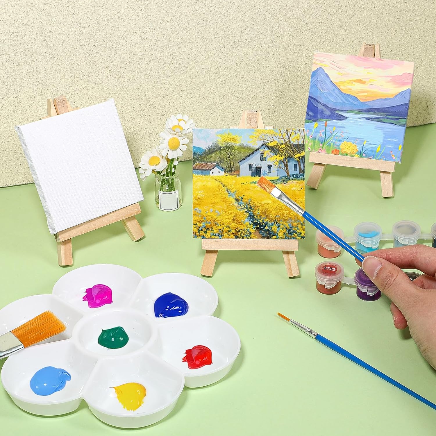 24 Pack Mini Canvases 3x3 Inch with Easel Set for Art