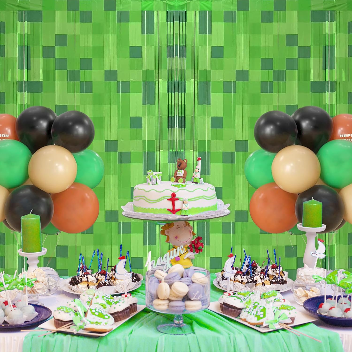 2 Pcs Pixel Green Miner Theme Tinsel Curtains