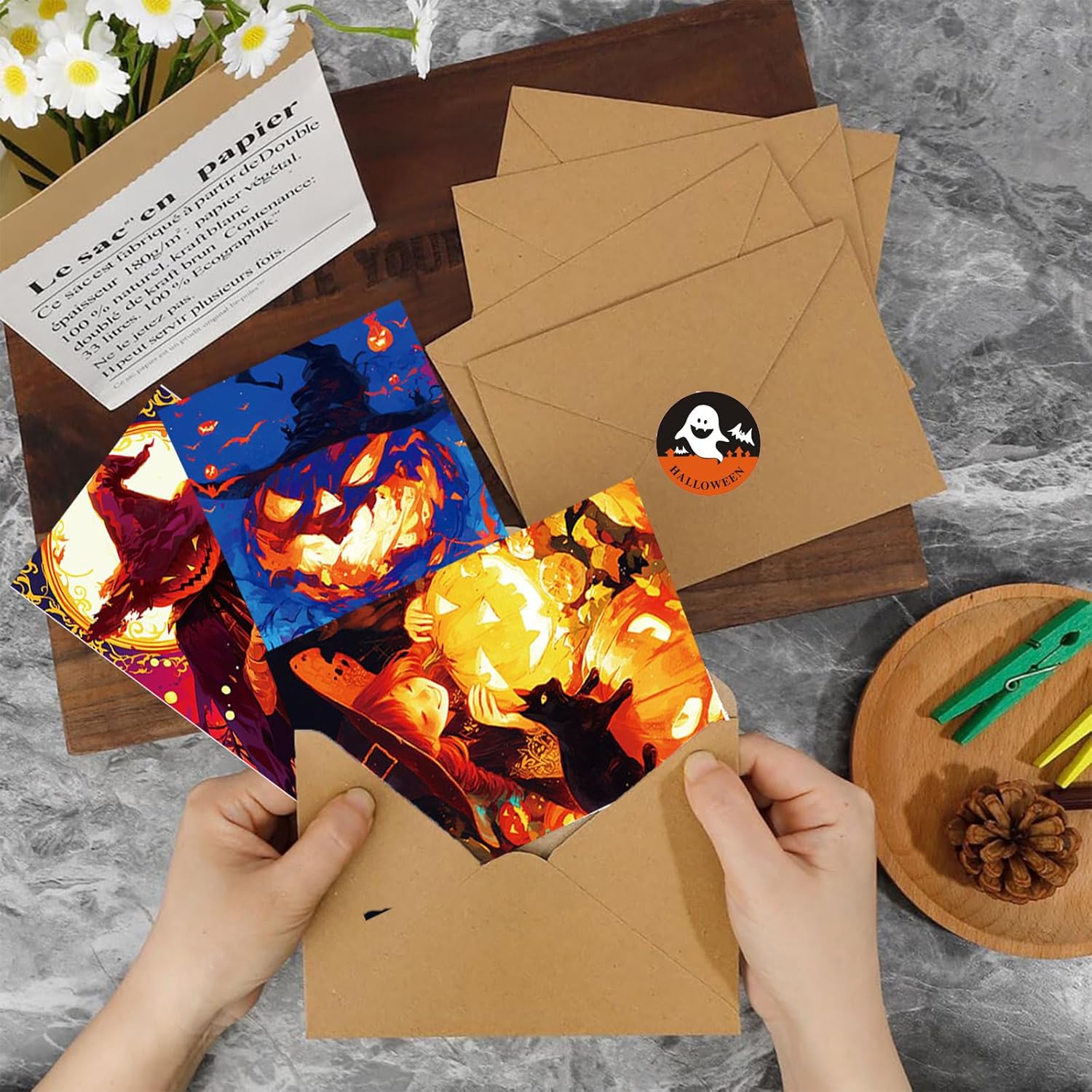 50 Halloween Cartoon Postcard Set - Ghost Witch Pumpkin Cat Custom Gift Cards