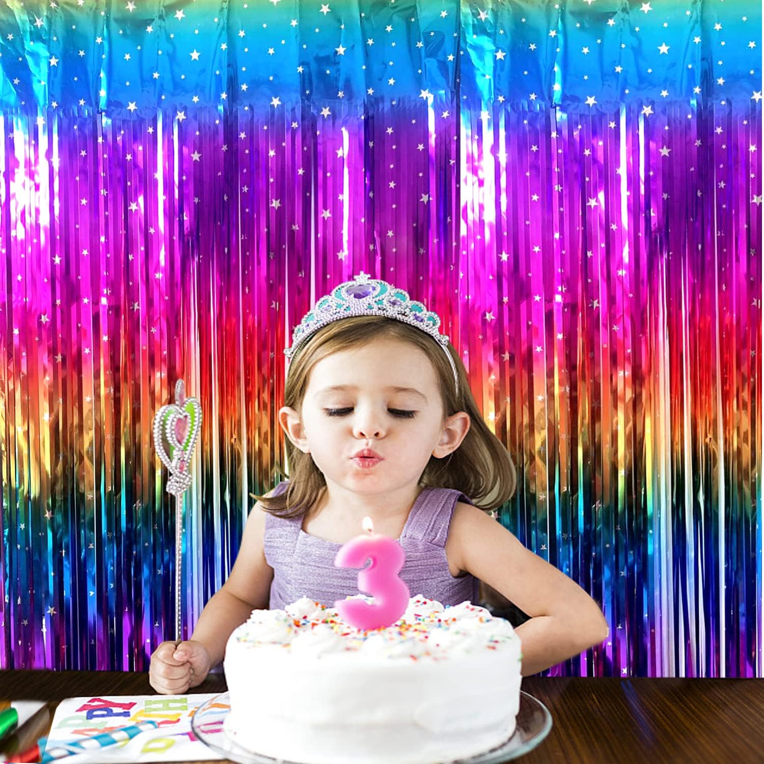 Sparkly Rainbow Gradient Tinsel Foil Fringe Curtain 2 Packs