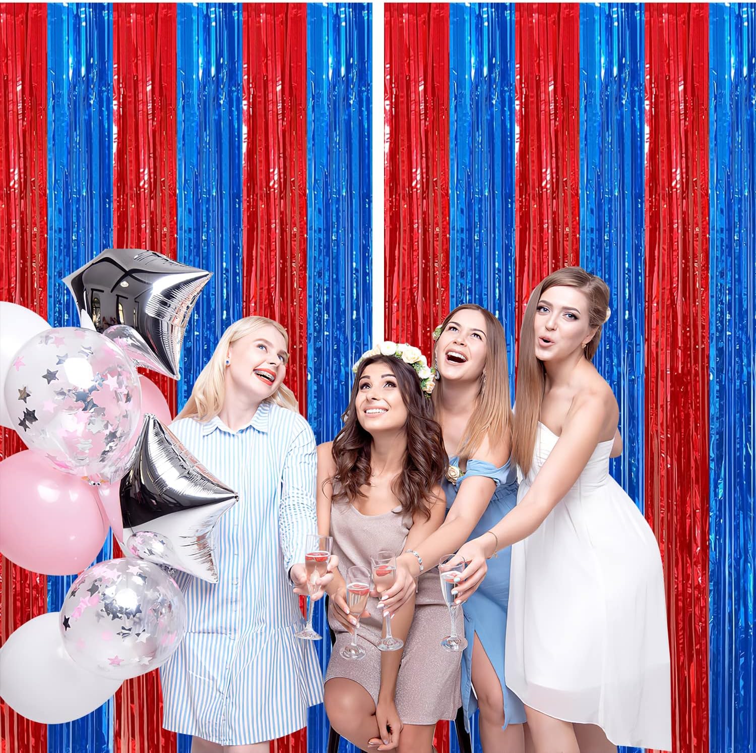 2 Pack Red Blue Foil Fringe Curtains Photo Booth Props