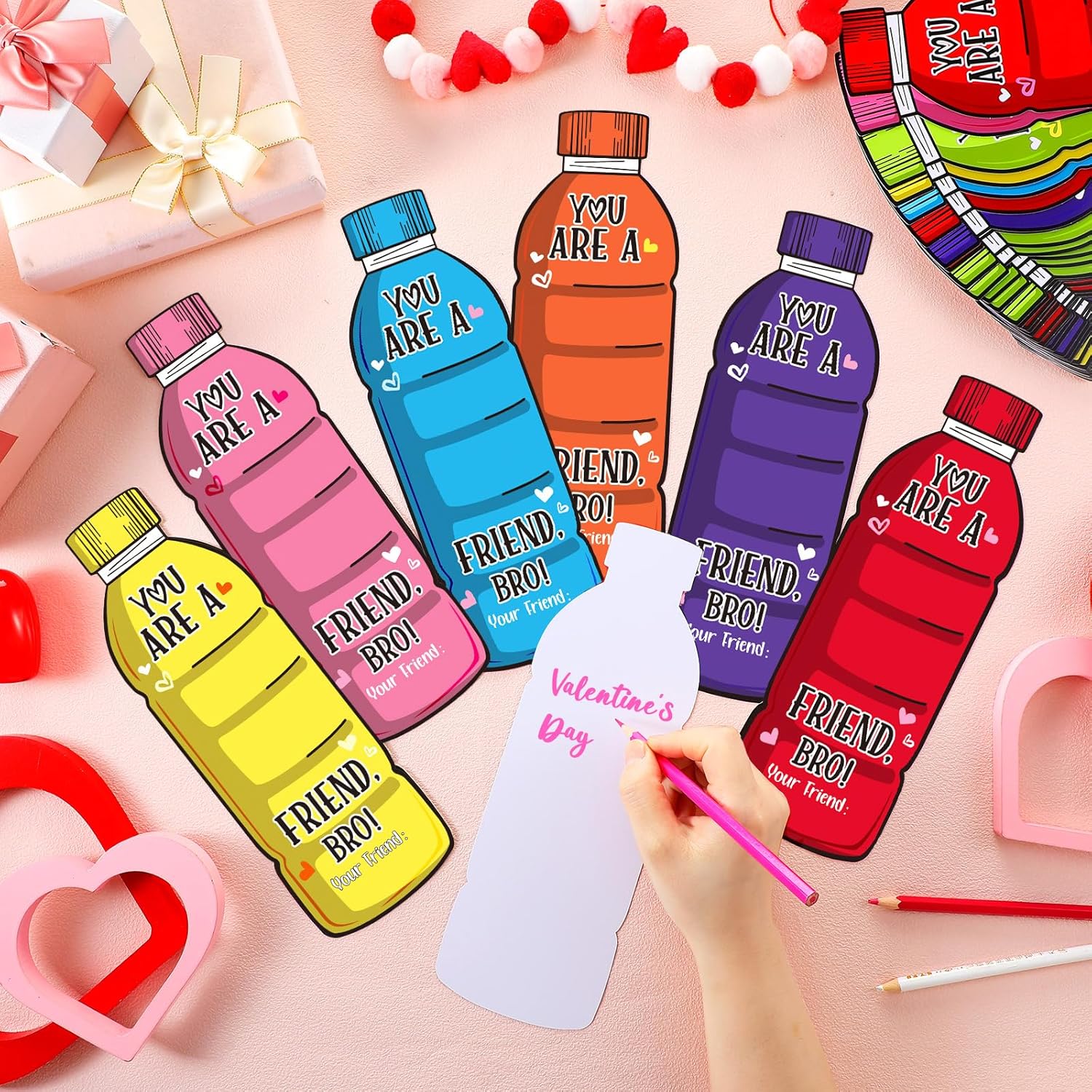 60 Pack Valentine Cards with Drink Bottle Design