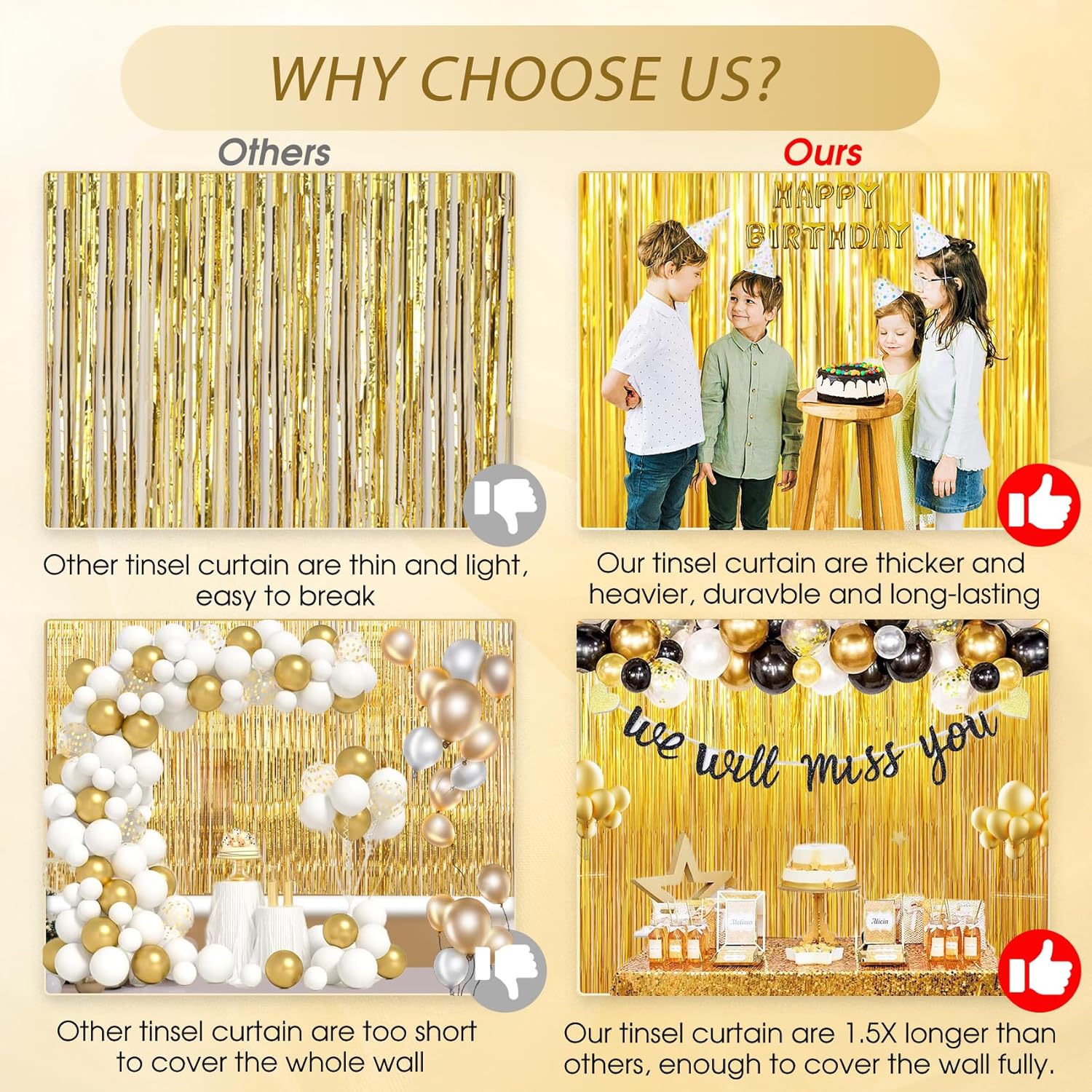 Birthday Party Decorations 3 Pack Gold Foil Fringe Curtains