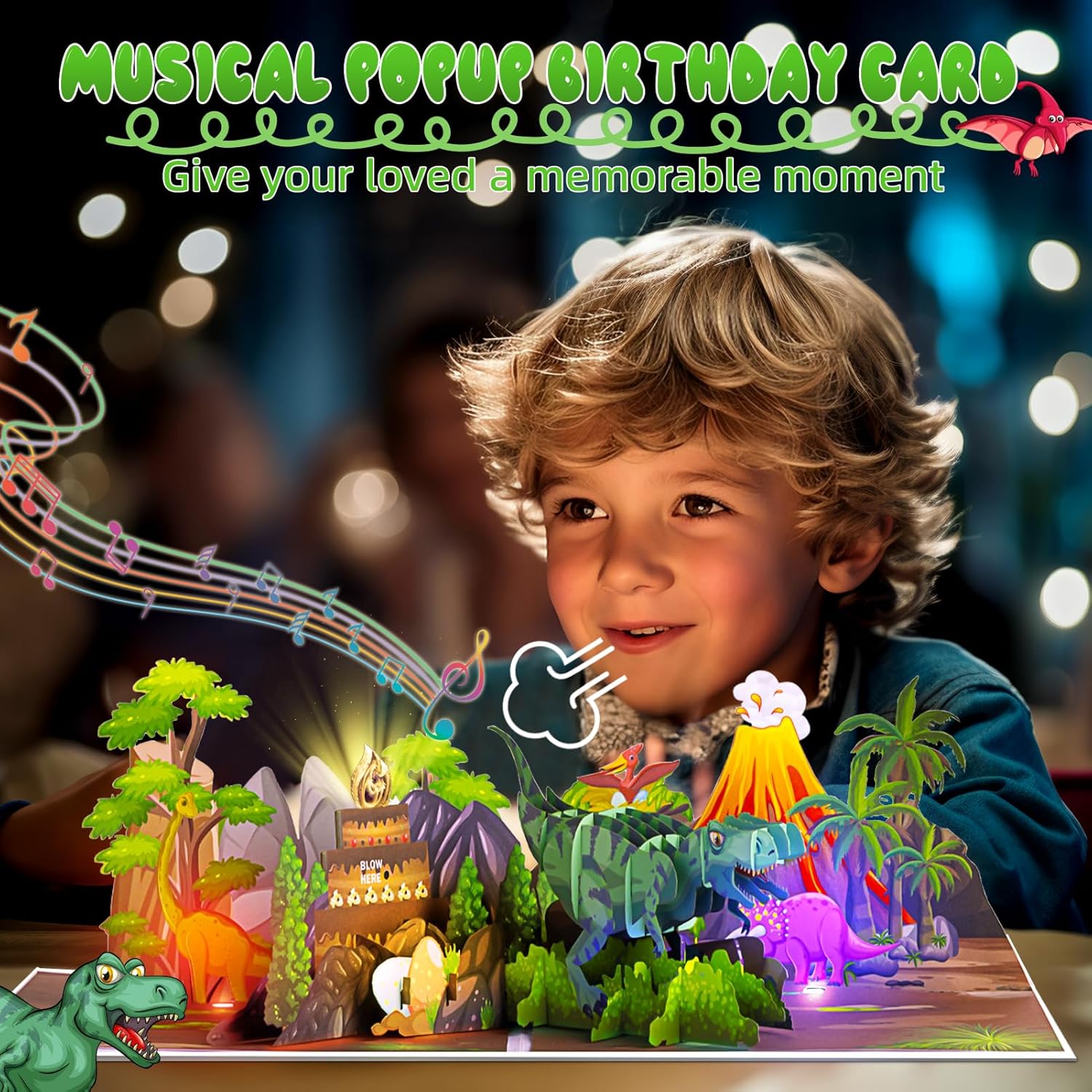 Dinosaur Musical Birthday Card with LED Lights and 3D Pop Up